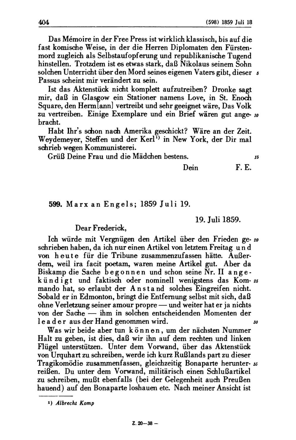 599. Marx an Engels; 1859 Juli 19