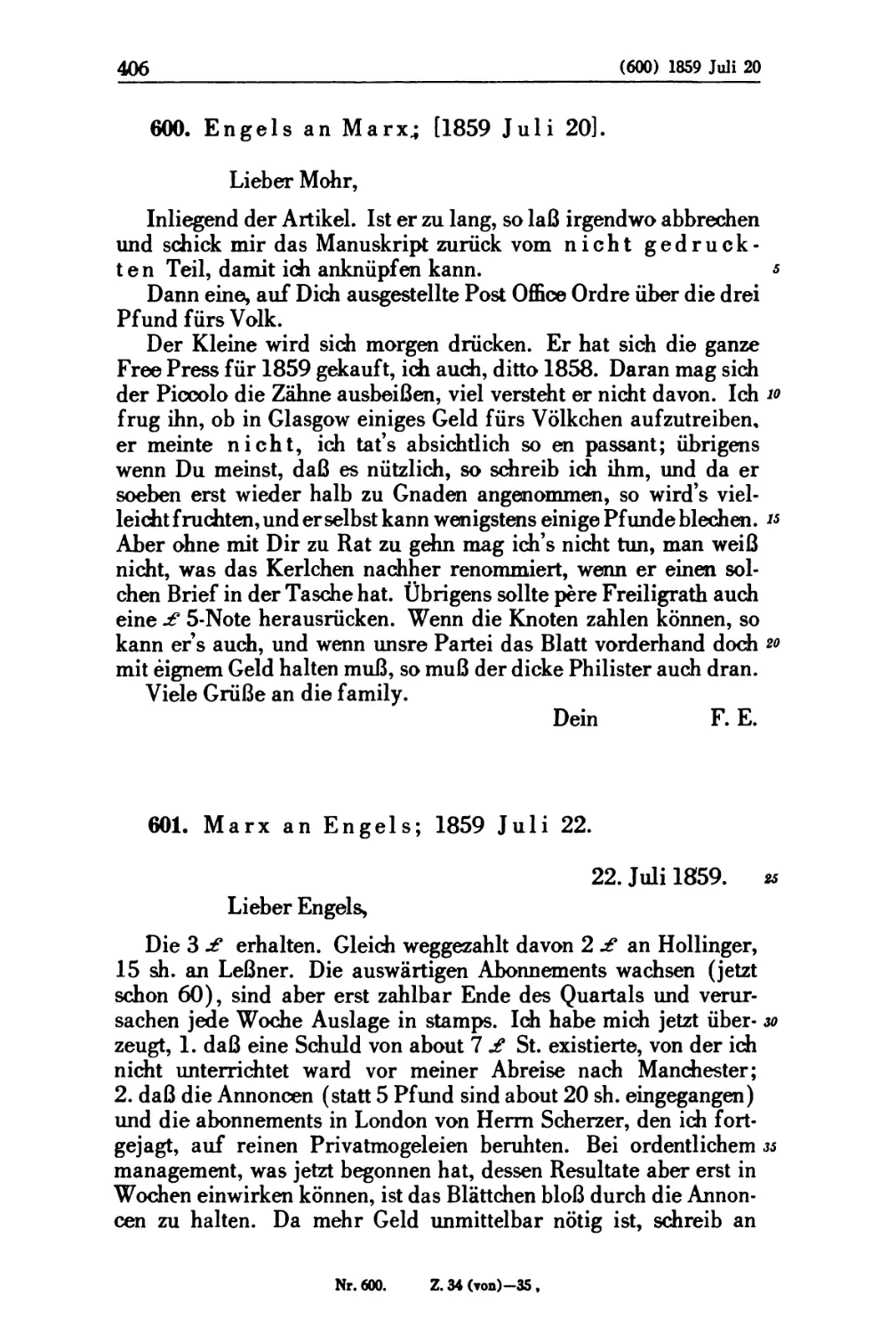 600. Engels an Marx; [1859 Juli 20]
601. Marx an Engels; 1859 Juli 22