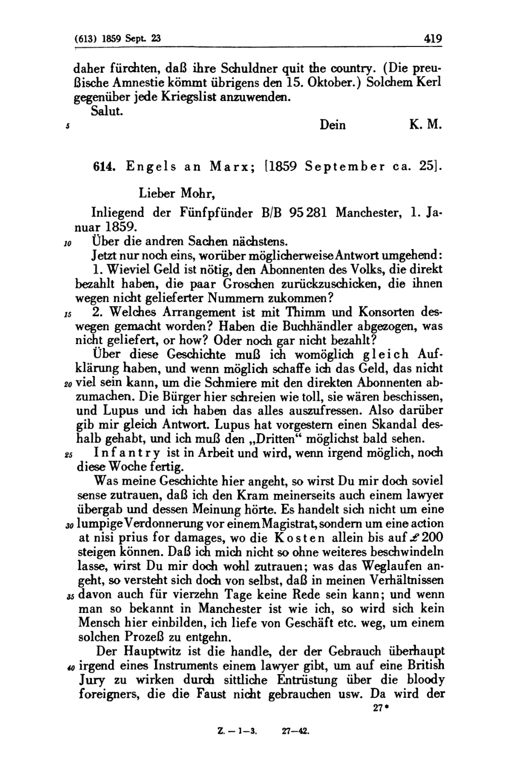 614. Engels an Marx; [1859 September ca. 25]