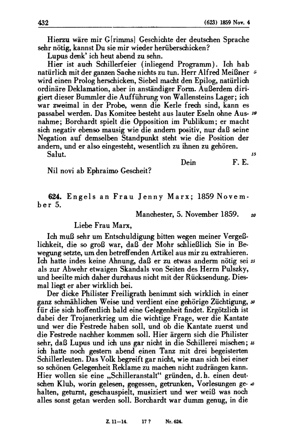 624. Engels an Frau Jenny Marx; 1859 November 5