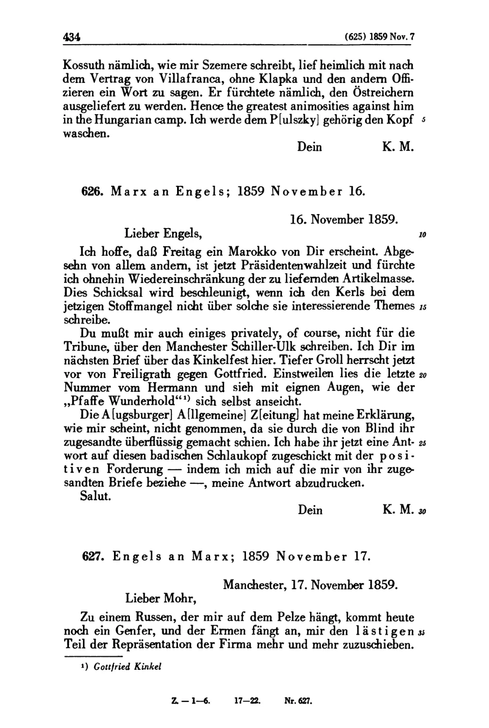 626. Marx an Engels; 1859 November 16
627. Engels an Marx; 1859 November 17