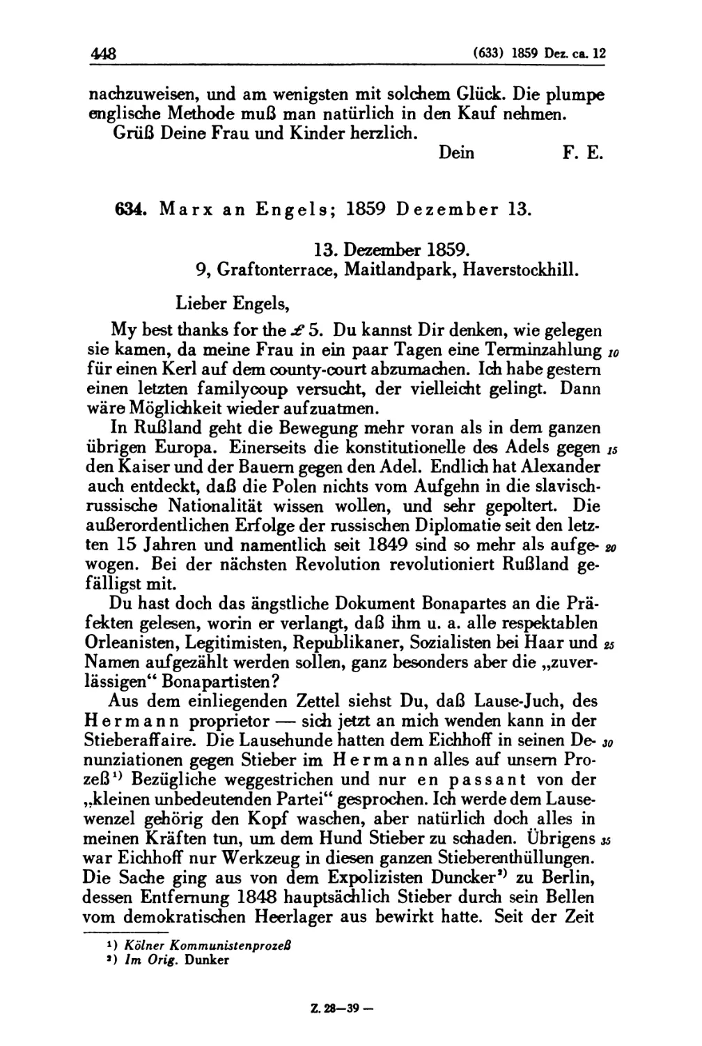 634. Marx an Engels; 1859 Dezember 13