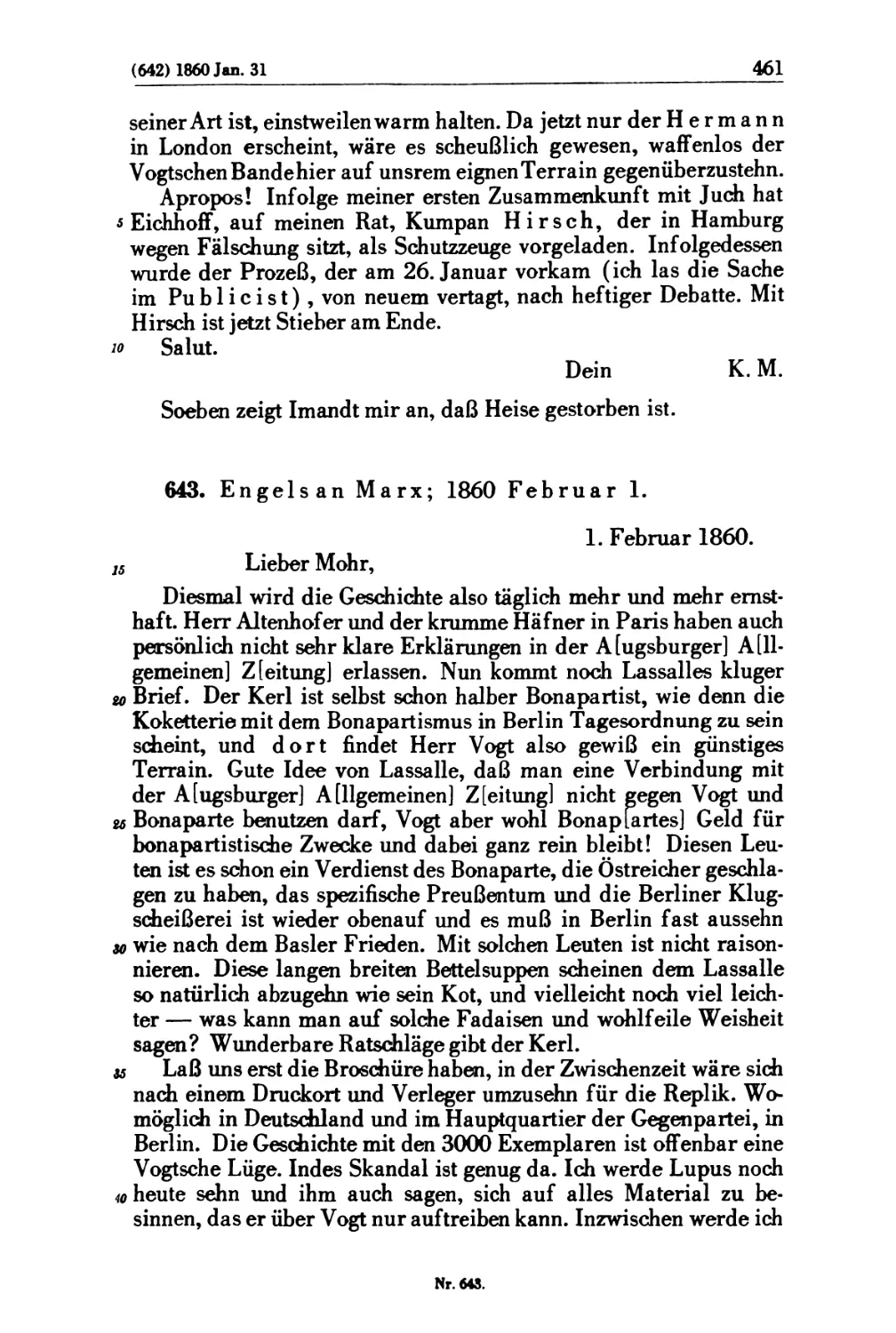643. Engels an Marx; 1860 Februar 1