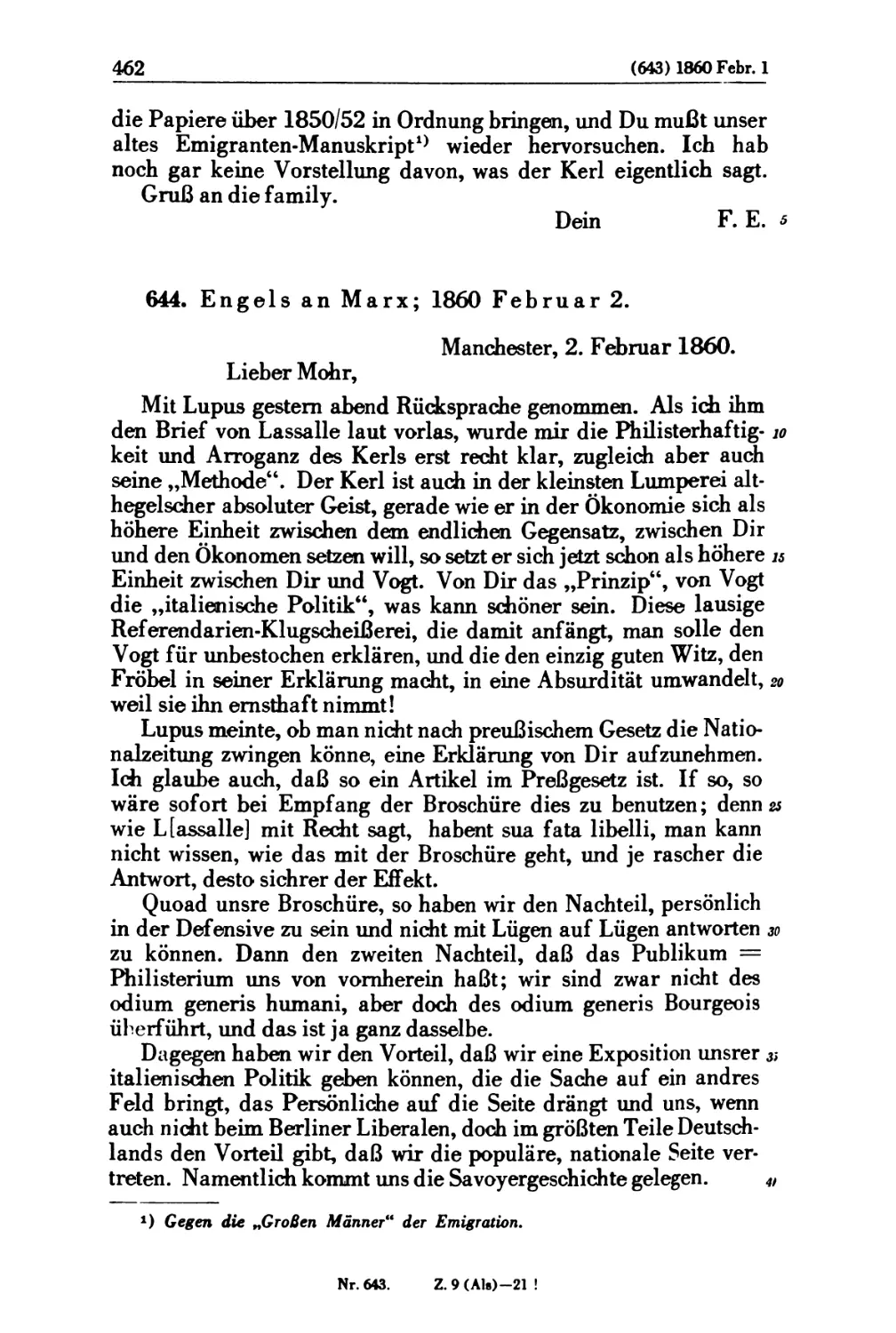 644. Engels an Marx; 1860 Februar 2