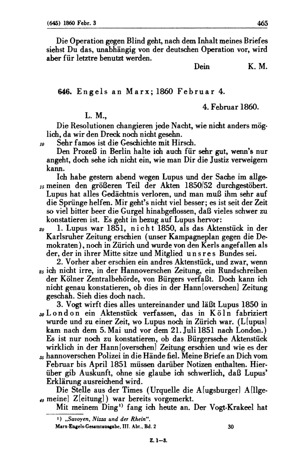 646. Engels an Marx; 1860 Februar 4