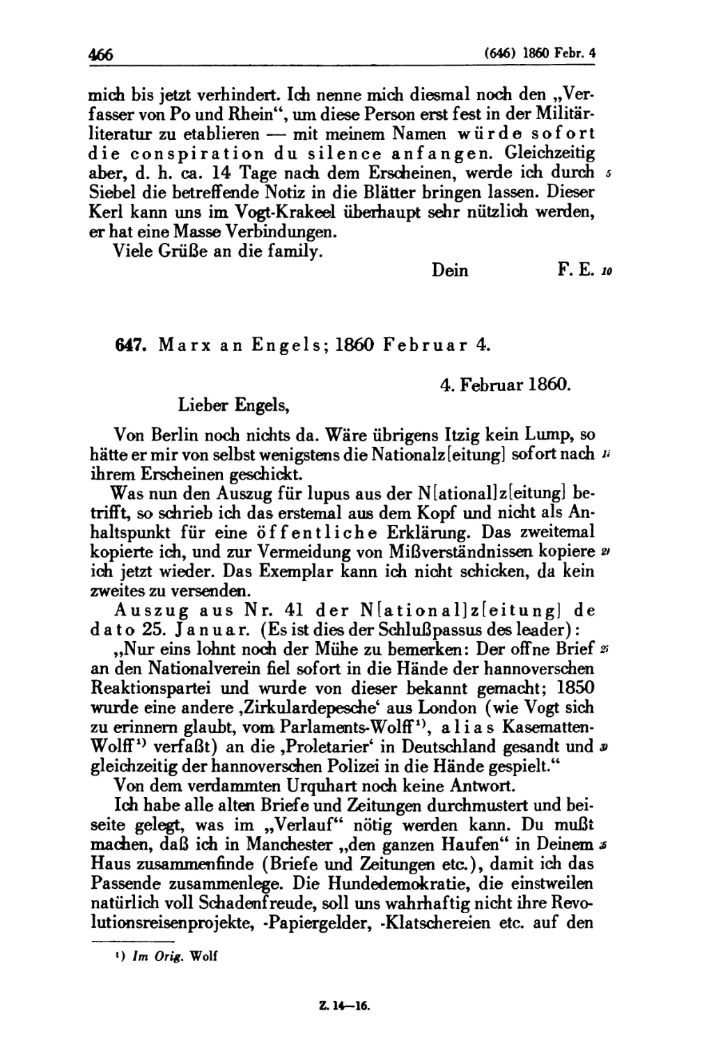 647. Marx an Engels; 1860 Februar 4