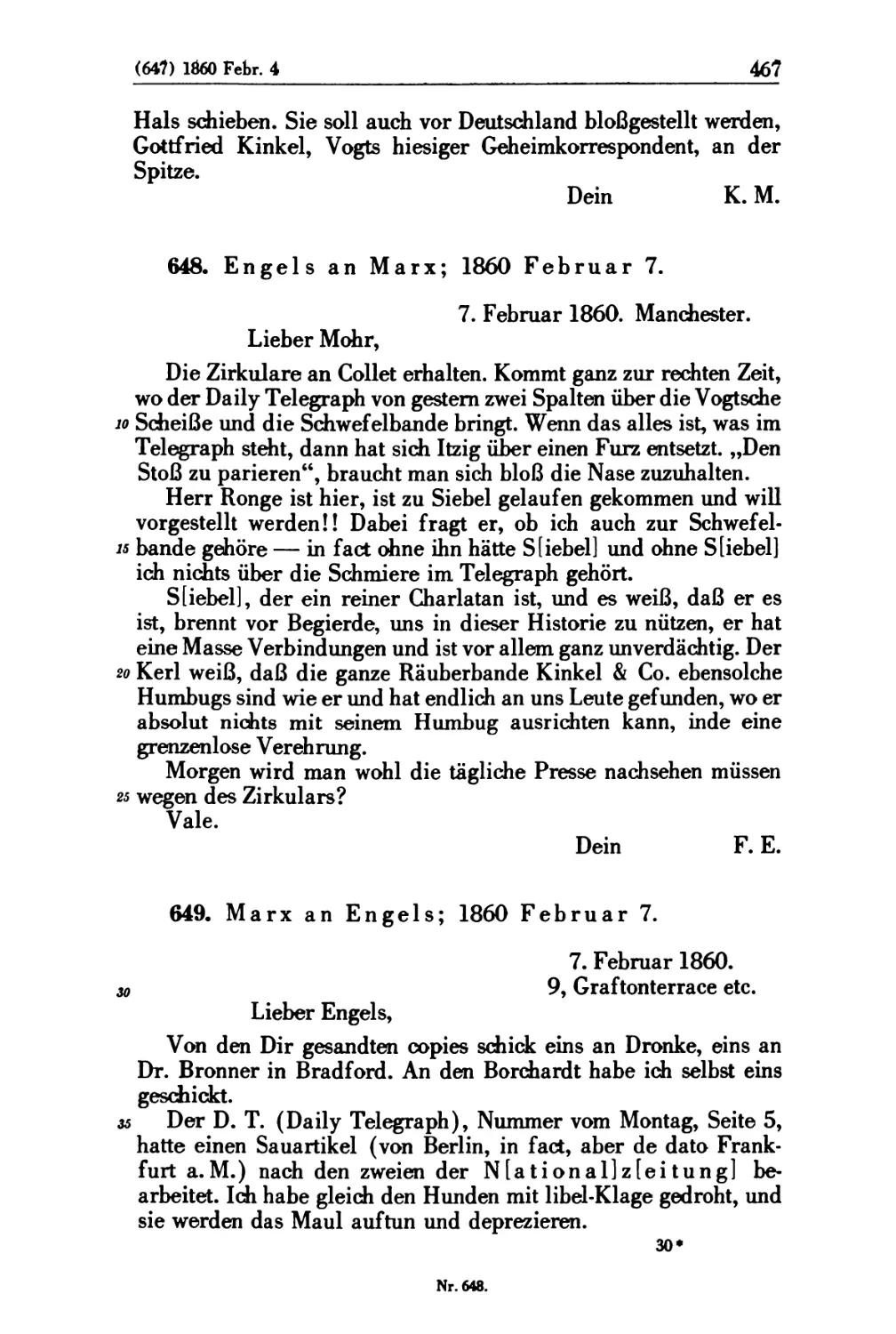 648. Engels an Marx; 1860 Februar 7
649. Marx an Engels; 1860 Februar 7
