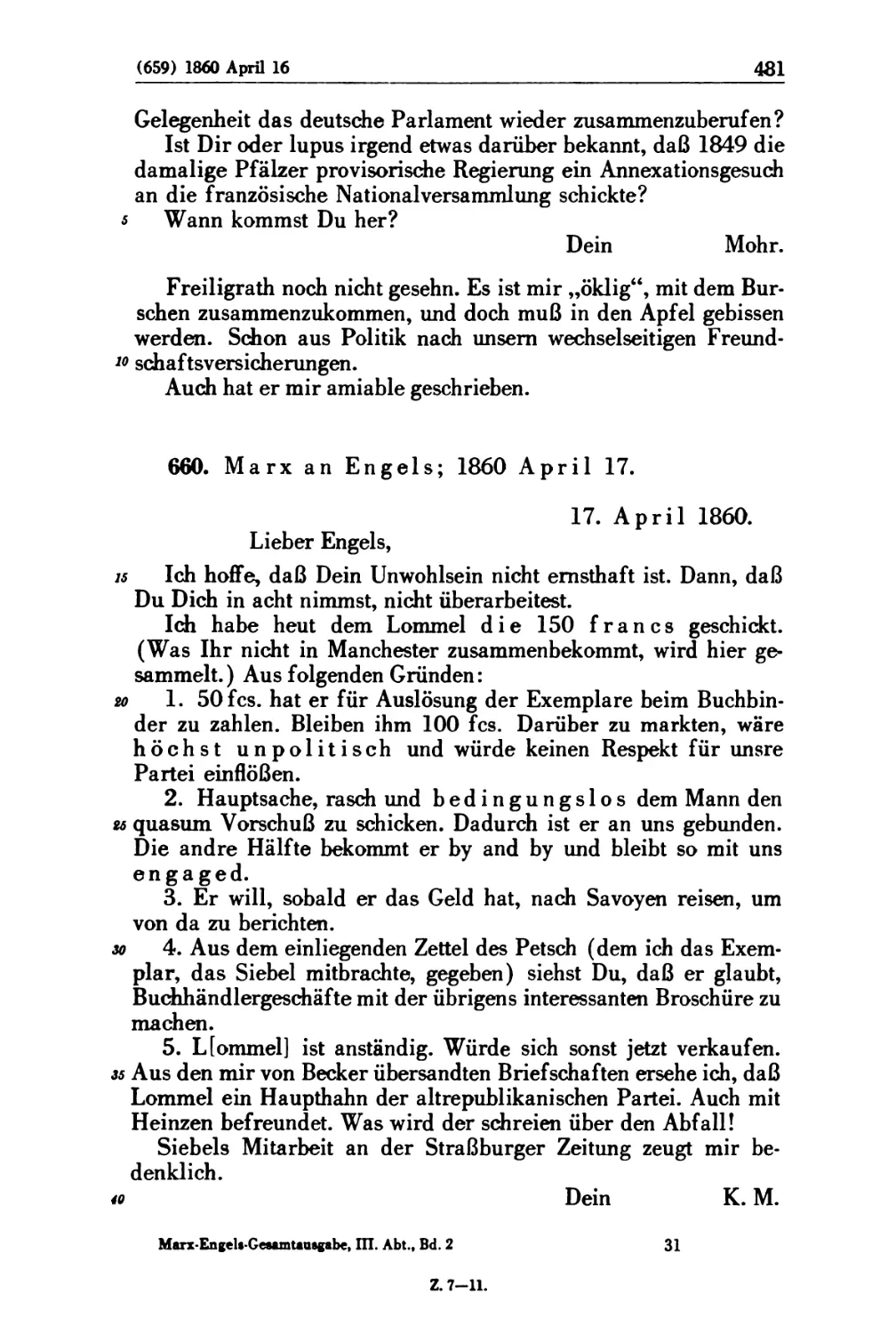 660. Marx an Engels; 1860 April 17