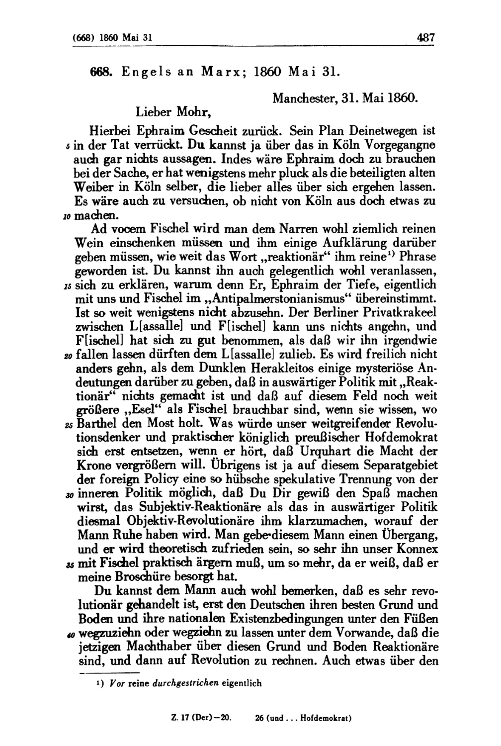 668. Engels an Marx; 1860 Mai 31