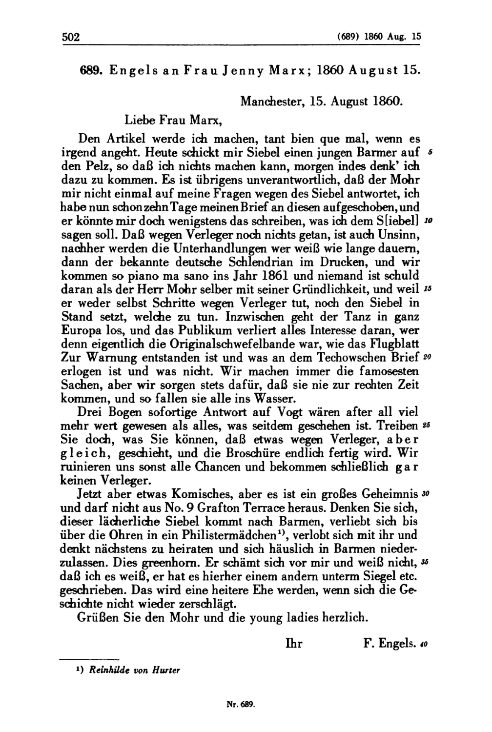 689. Engels an Frau Jenny Marx; 1860 August 15
