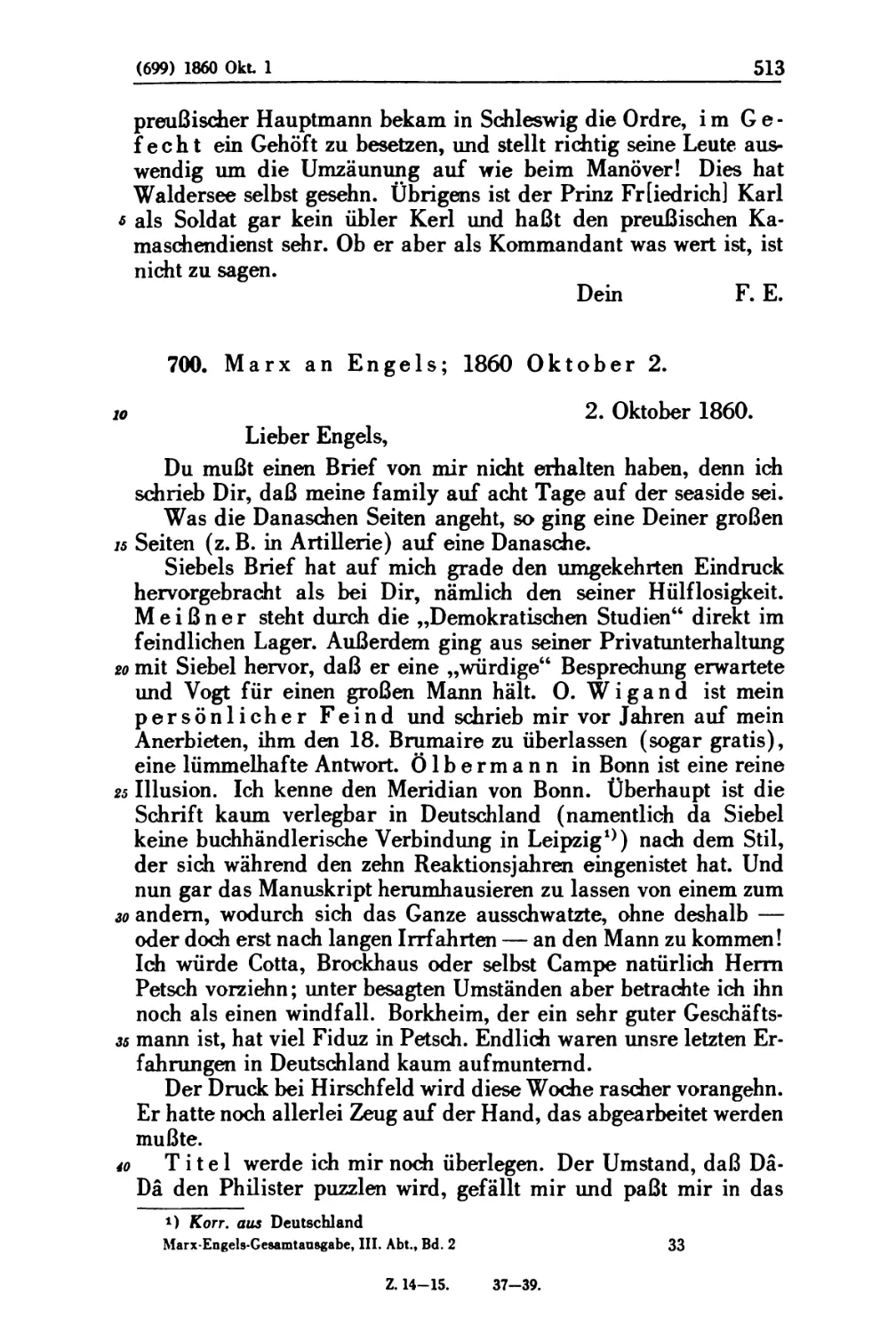 700. Marx an Engels; 1860 Oktober 2