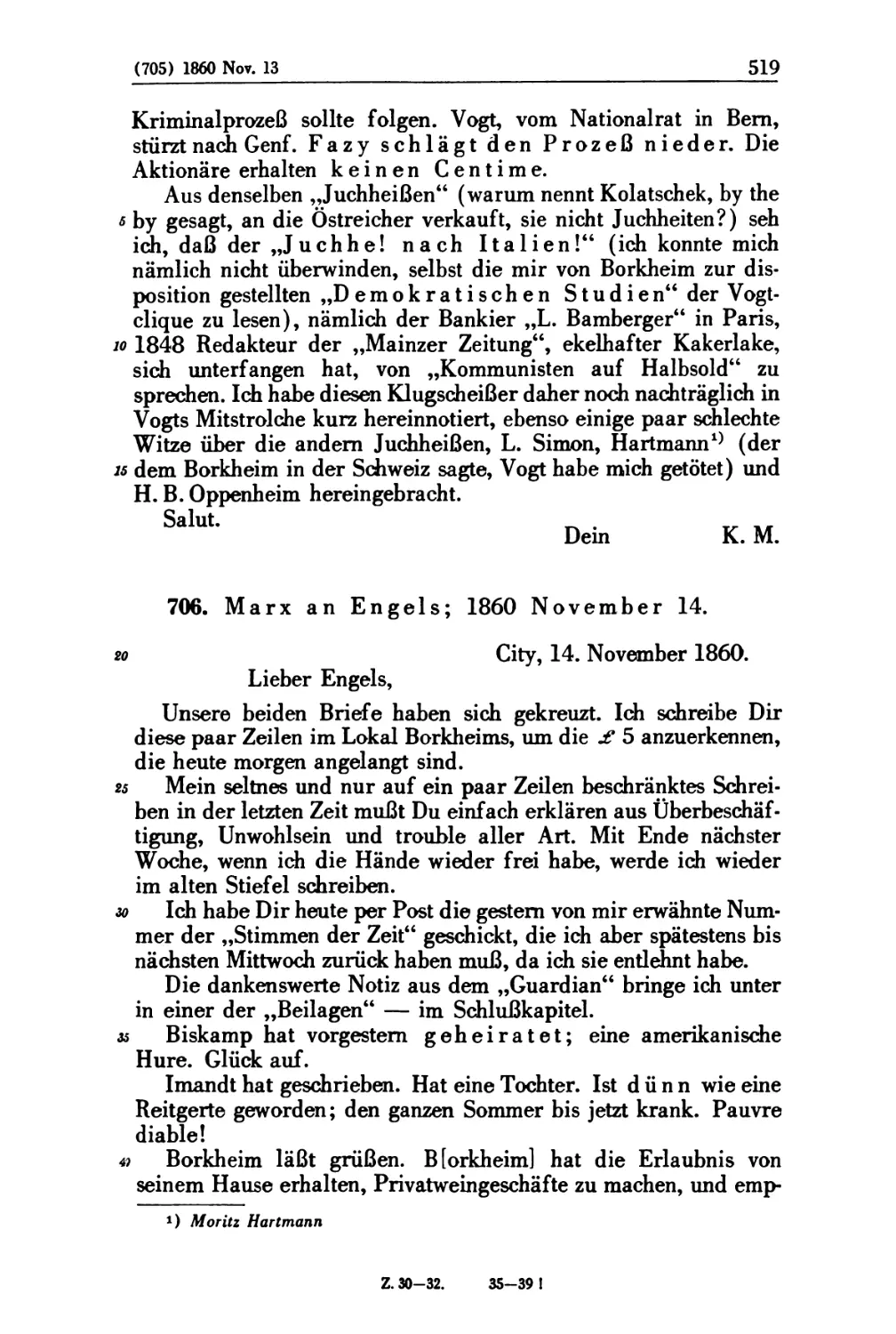 706. Marx an Engels; 1860 November 14