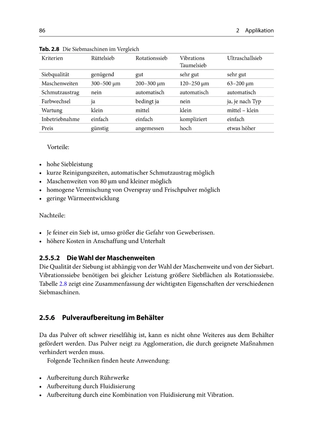 2.5.5.2 Die Wahl der Maschenweiten
2.5.6 Pulveraufbereitung im Behälter