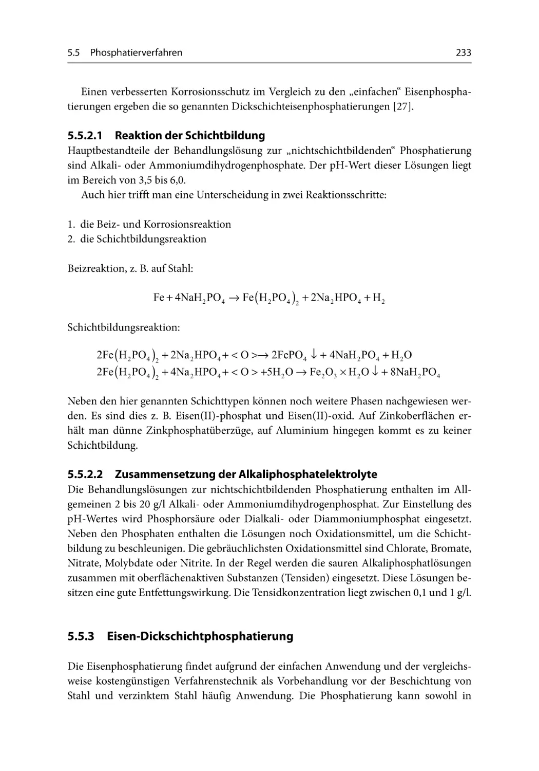 5.5.2.1 Reaktion der Schichtbildung
5.5.2.2 Zusammensetzung der Alkaliphosphatelektrolyte
5.5.3 Eisen-Dickschichtphosphatierung