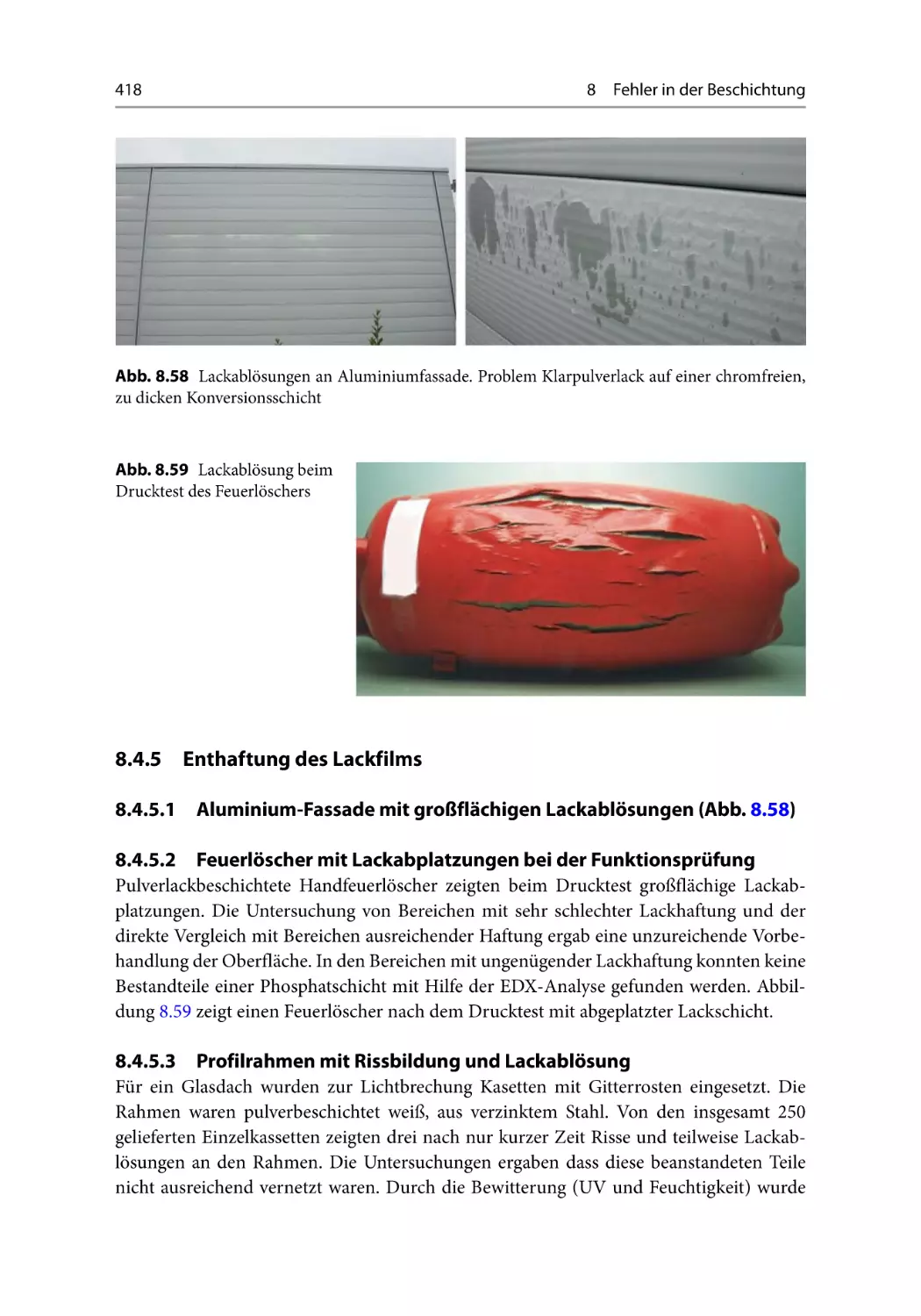 8.4.5 Enthaftung des Lackfilms
8.4.5.1 Aluminium-Fassade mit großflächigen Lackablösungen
8.4.5.2 Feuerlöscher mit Lackabplatzungen bei der Funktionsprüfung
8.4.5.3 Profilrahmen mit Rissbildung und Lackablösung