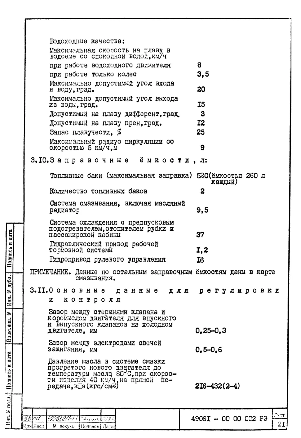 3.10. Заправочные ёмкости
3.11. Основные данные для регулировки и контроля