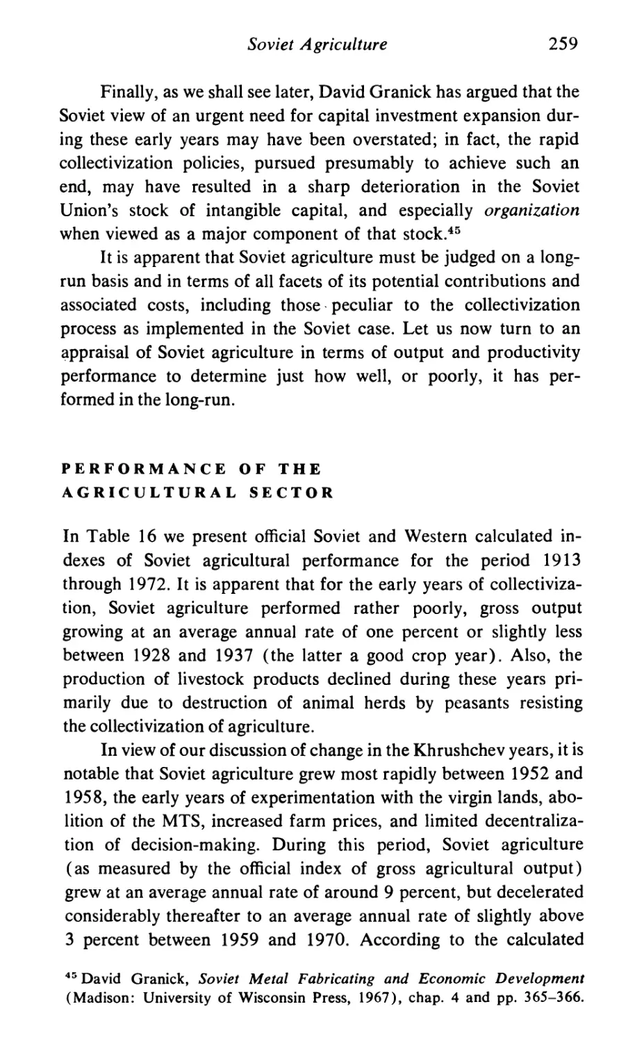 Soviet Agriculture and Economic Development 253 Performance of the Agricultural Sector