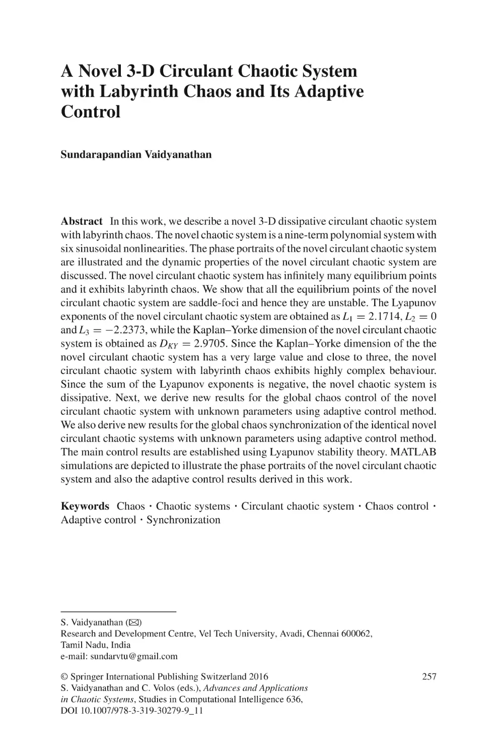 A Novel 3-D Circulant Chaotic System  with Labyrinth Chaos and Its Adaptive Control