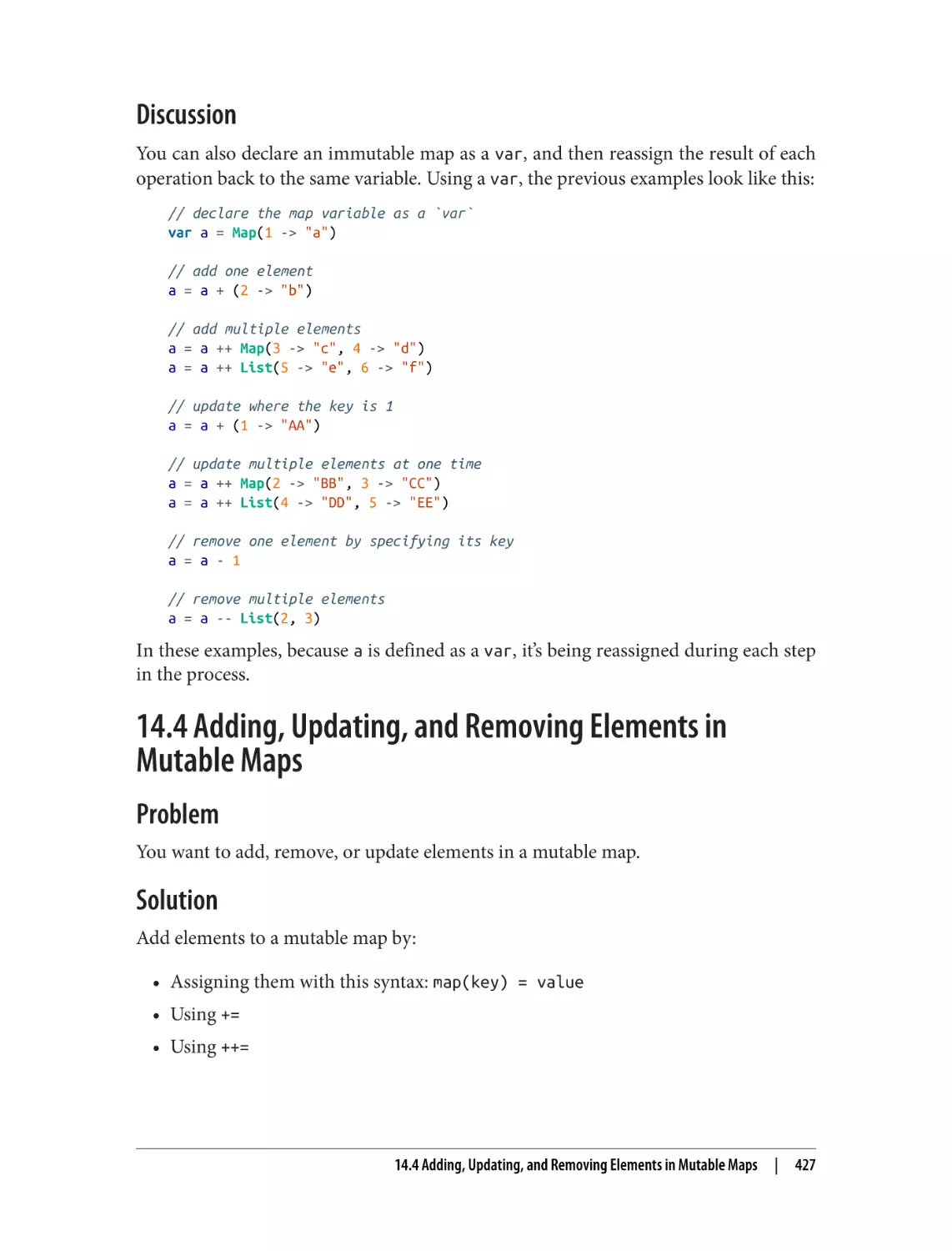 Discussion
14.4 Adding, Updating, and Removing Elements in Mutable Maps
Problem
Solution
