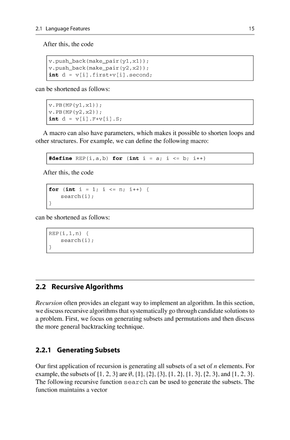 2.2 Recursive Algorithms
2.2.1 Generating Subsets