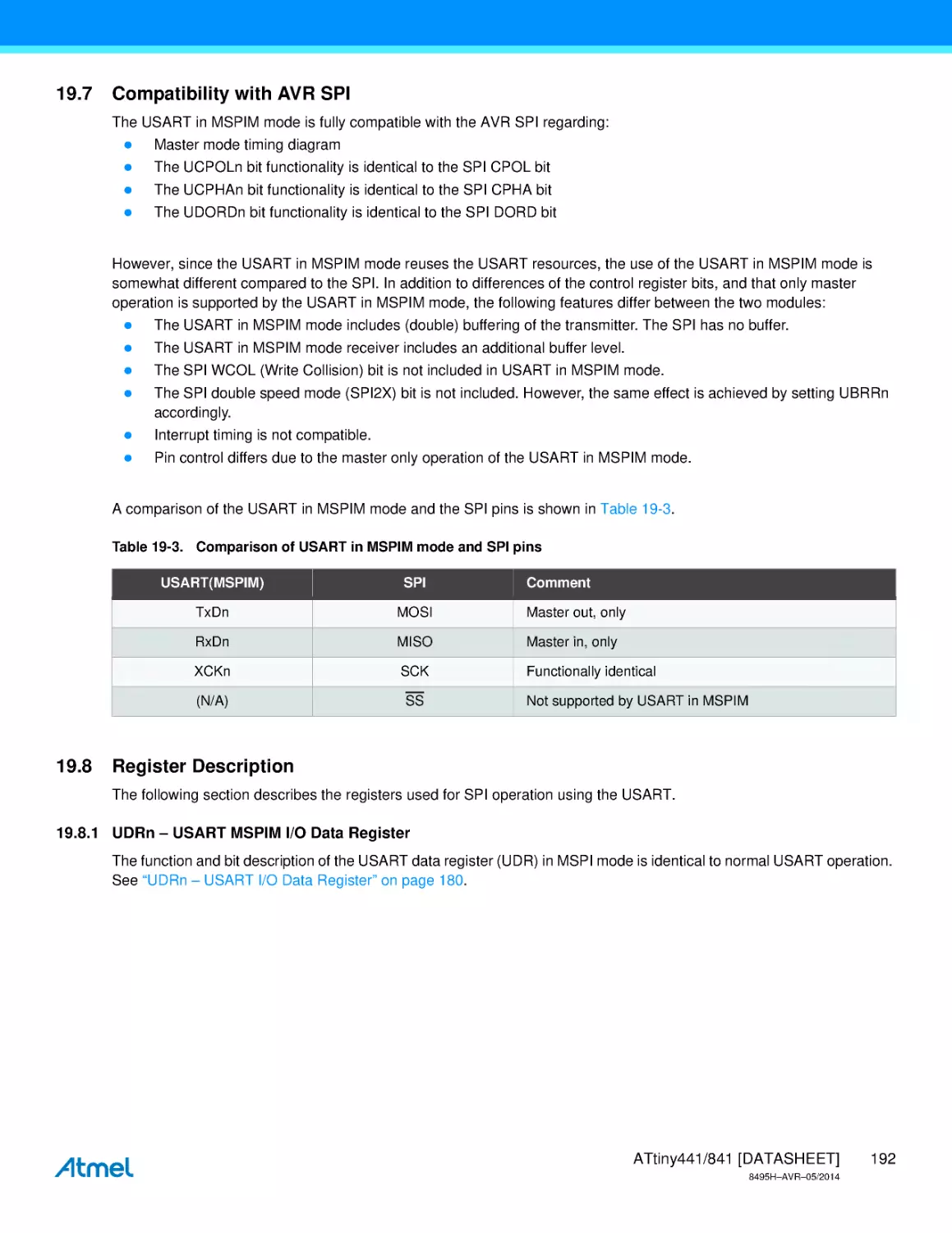 19.7 Compatibility with AVR SPI
19.8 Register Description
19.8.1 UDRn – USART MSPIM I/O Data Register