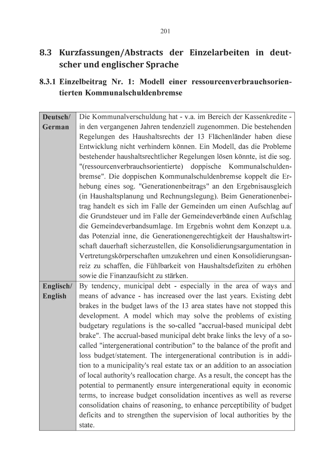 8.3 Kurzfassungen/Abstracts der Einzelarbeiten in deutscher und englischer Sprache
8.3.1 Einzelbeitrag Nr. 1
