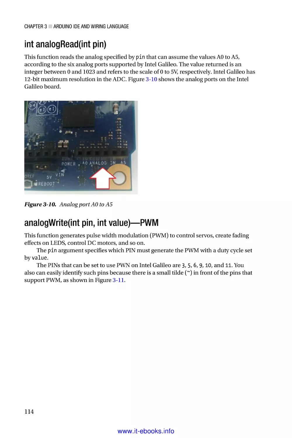 int analogRead (int pin)
analogWrite (int pin, int value)—PWM