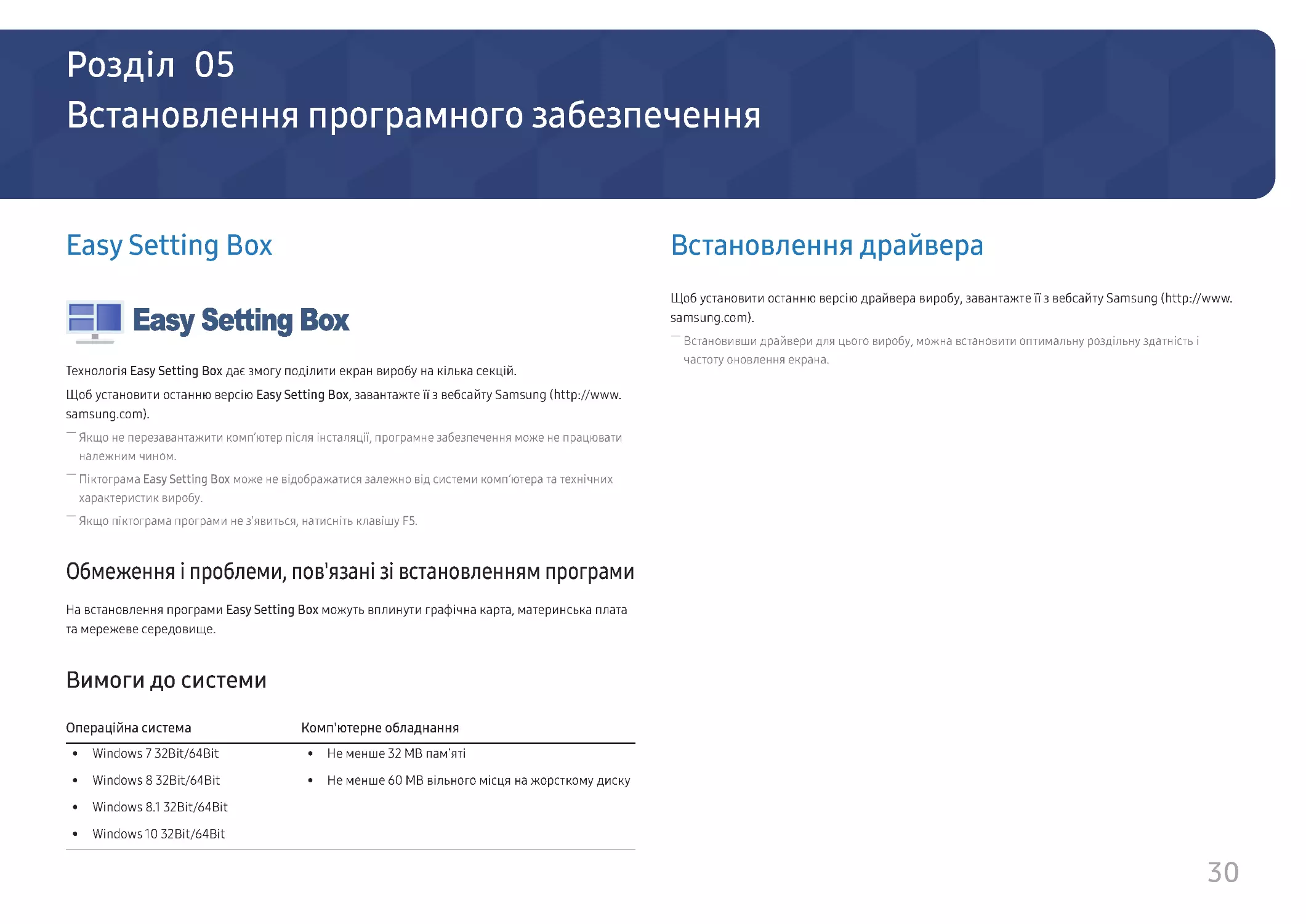 Встановлення програмного забезпечення
Вимоги до системи
Встановлення драйвера