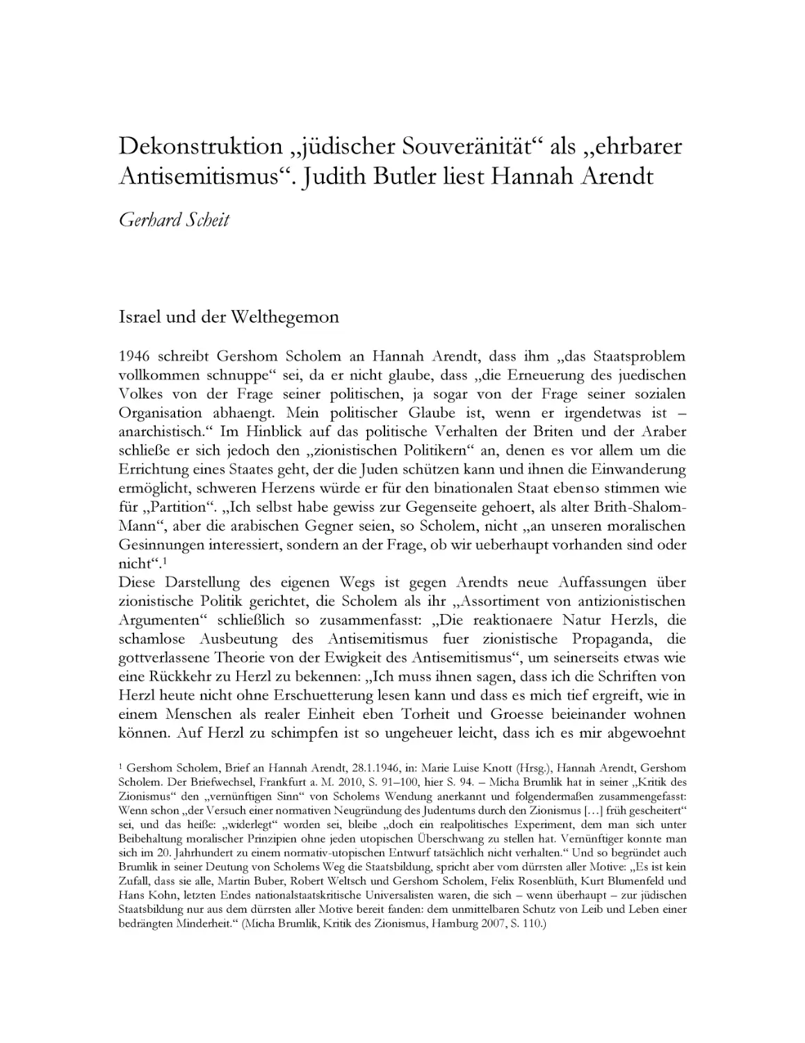Dekonstruktion „jüdischer Souveränität“ als „ehrbarer Antisemitismus“. Judith Butler liest Hannah Arendt – Gerhard Scheit