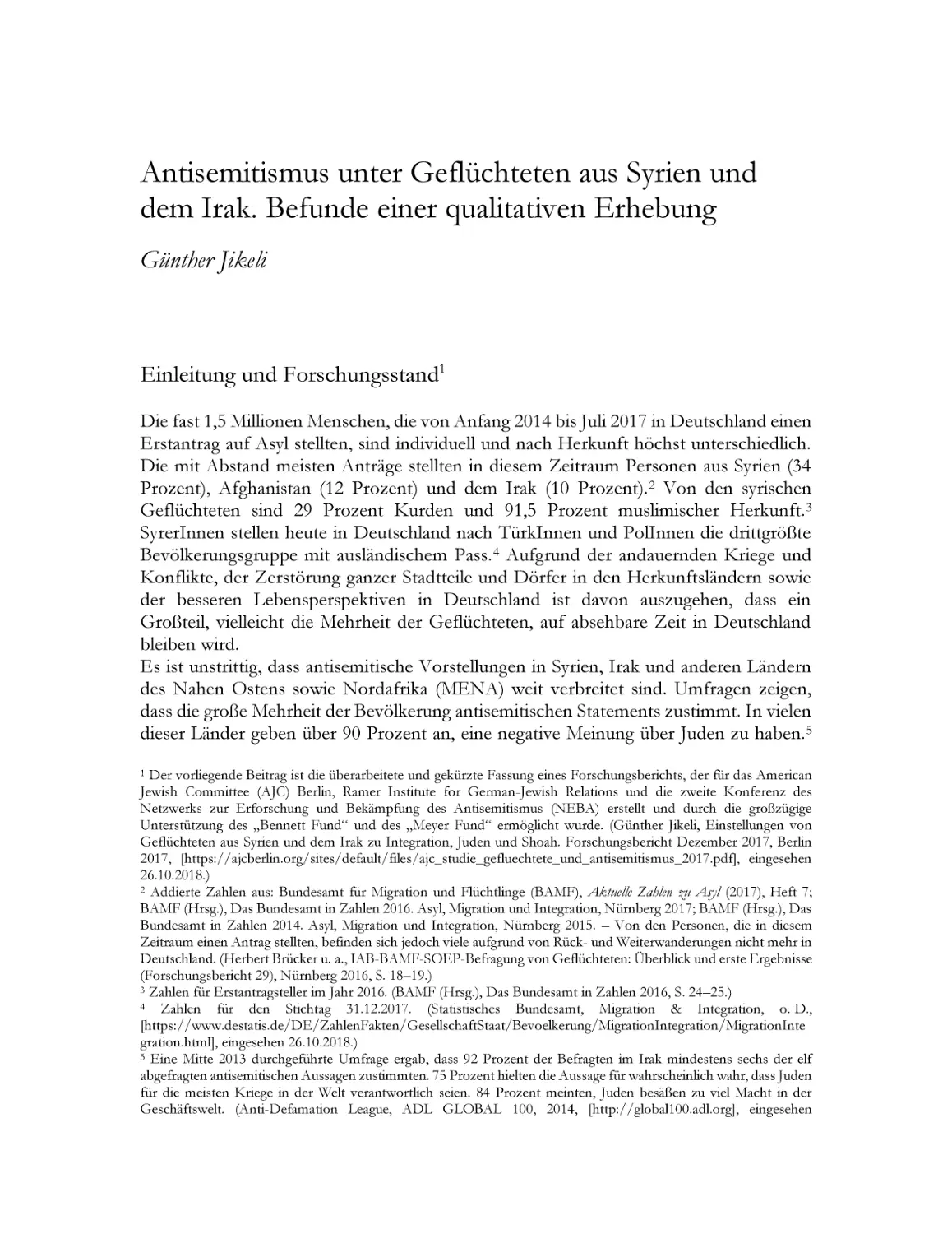 Antisemitismus unter Geflüchteten aus Syrien und dem Irak. Befunde einer qualitativen Erhebung – Günther Jikeli
