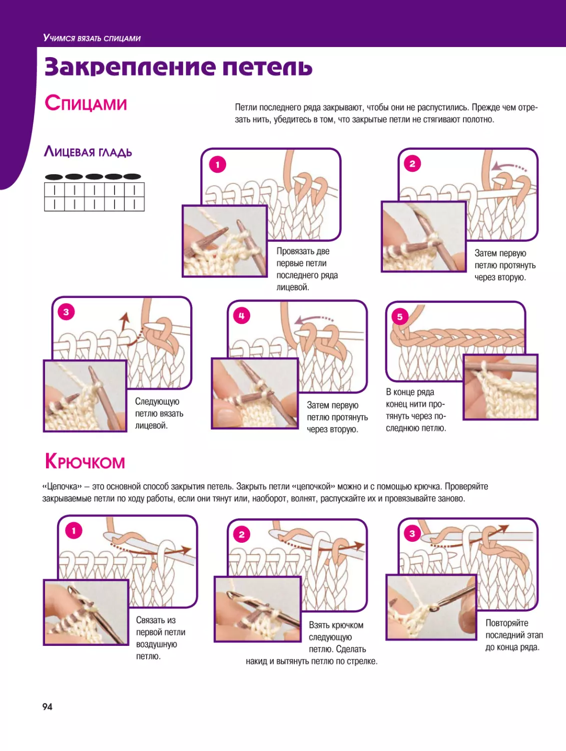 Закрепление петель
Спицами
Крючком