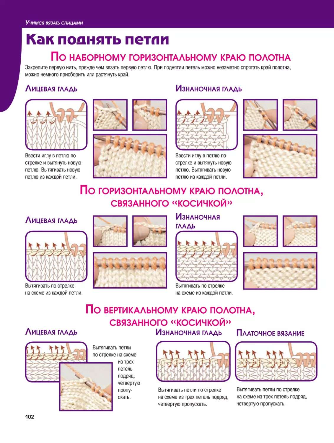 Как поднять петли
По наборному горизонтальному краю полотна
По горизонтальному краю полотна, связанного «косичкой»
По вертикальному краю полотна, связанного «косичкой»