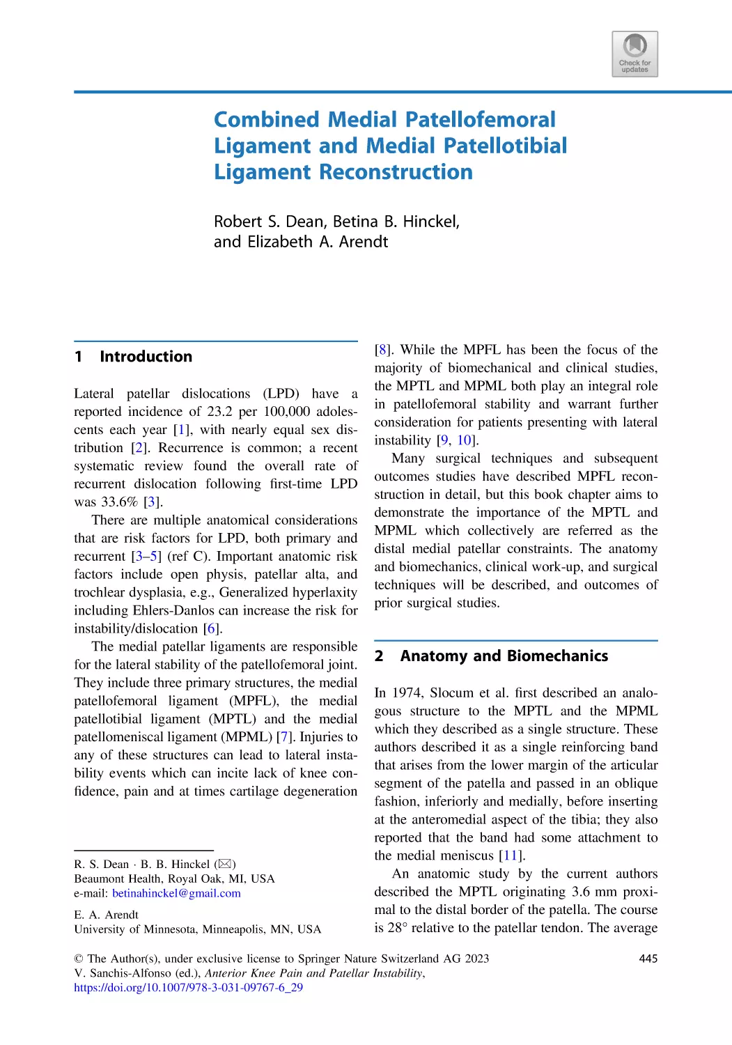 29 Combined Medial Patellofemoral Ligament and Medial Patellotibial Ligament Reconstruction
1 Introduction
2 Anatomy and Biomechanics