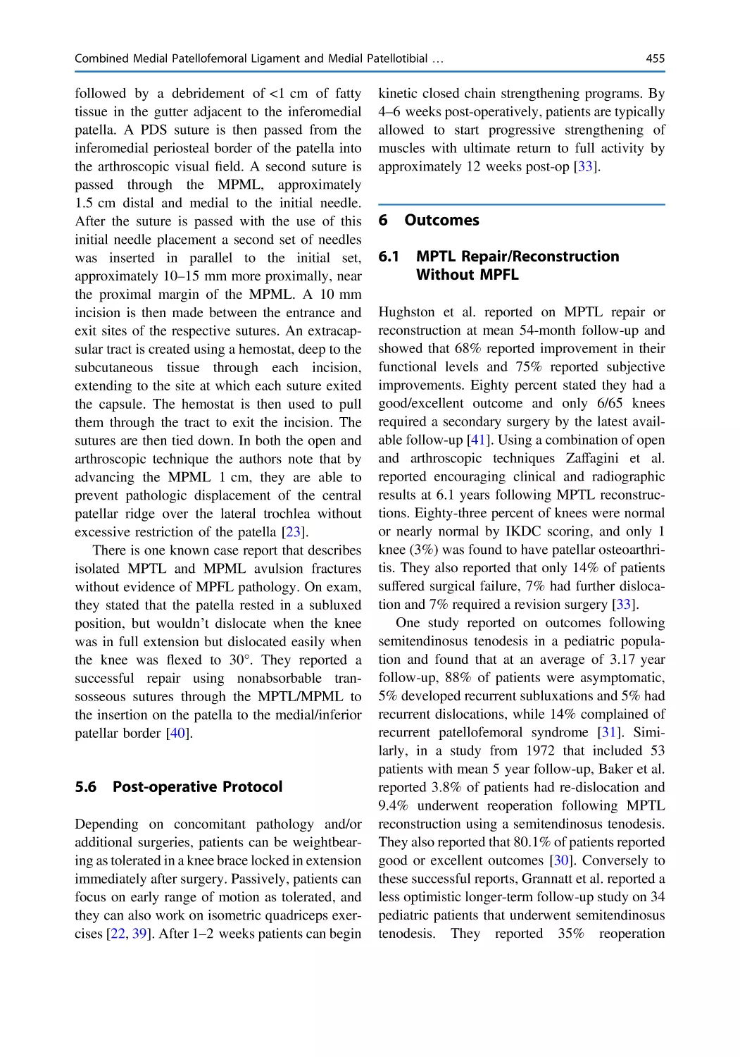 5.6 Post-operative Protocol
6 Outcomes
6.1 MPTL Repair/Reconstruction Without MPFL