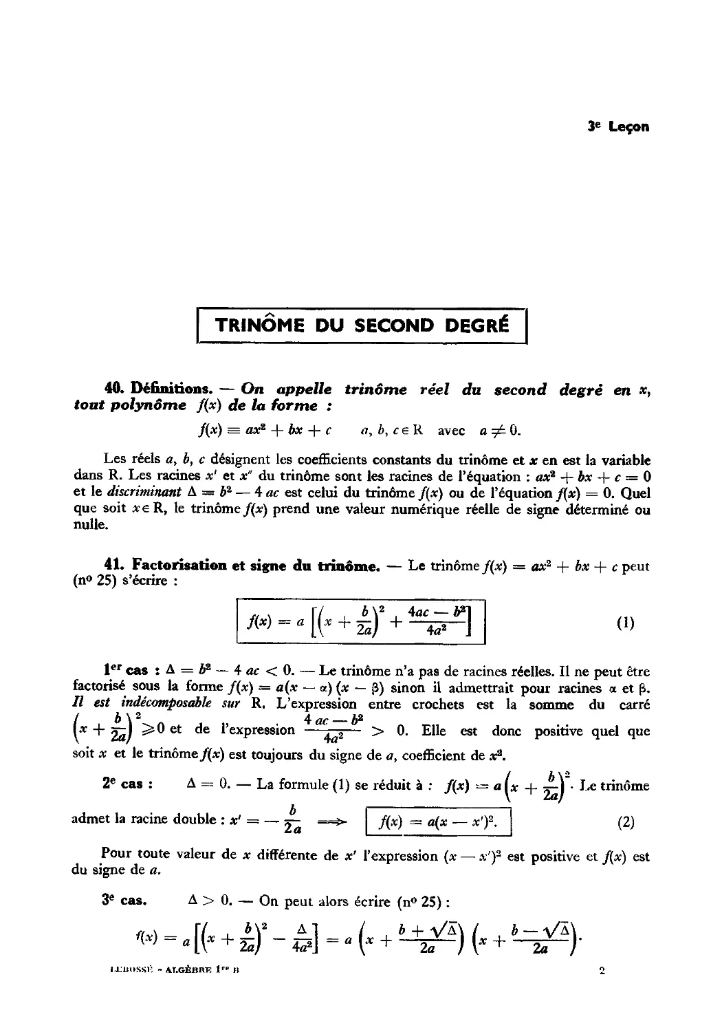 Leçon 3 — Trinôme du second degré — Inéquation du second degré — Comparaison d’un nombre aux racines d’un trinôme
41. Factorisation et signe du trinôme