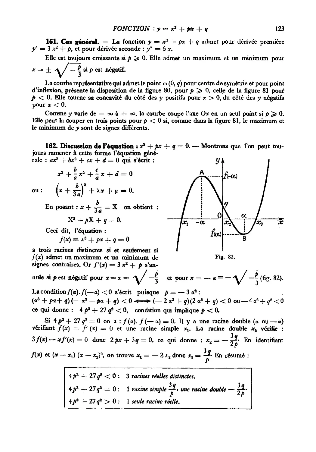 161. Cas général
162. Discussion de l’équation : x³ + px + q = 0