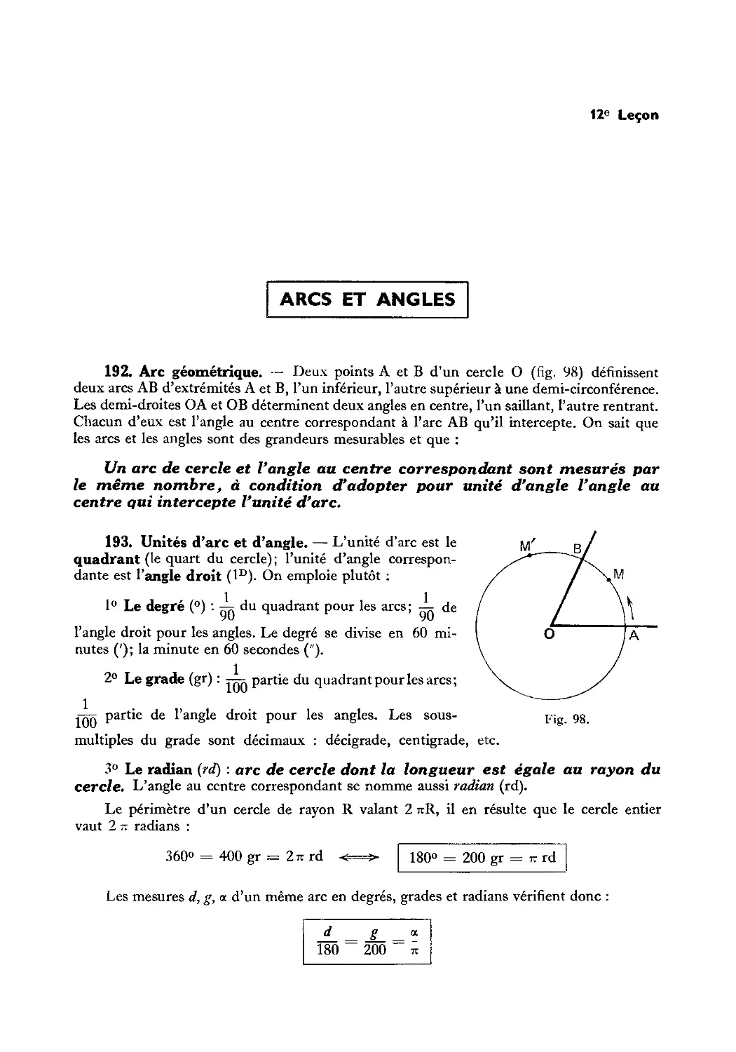 Leçon 12 — Arcs et angles
193. Unités d’arc et d’angle