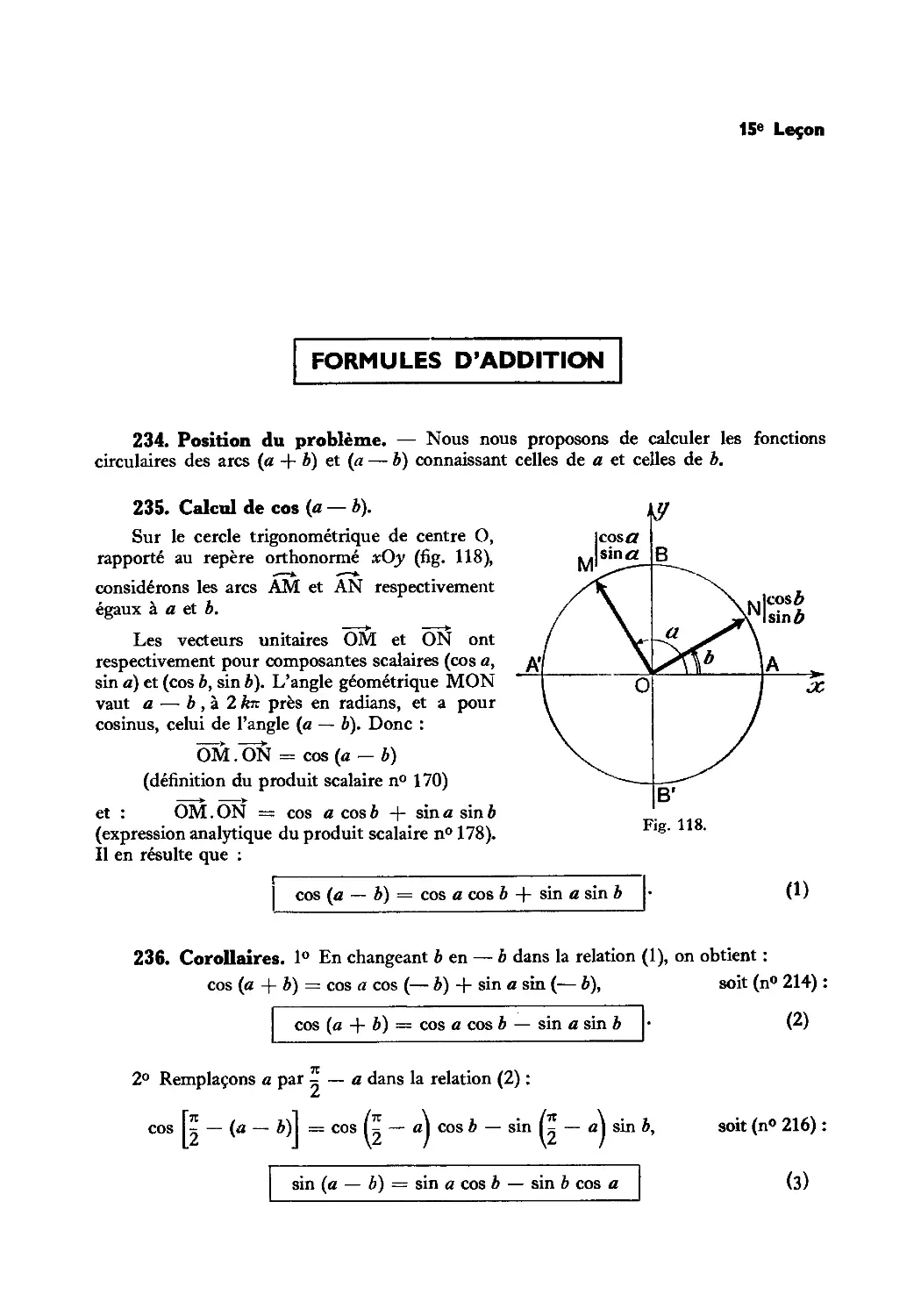 Leçon 15 — Formules d’addition et de multiplication — Transformations trigonométriques
236. Corollaires