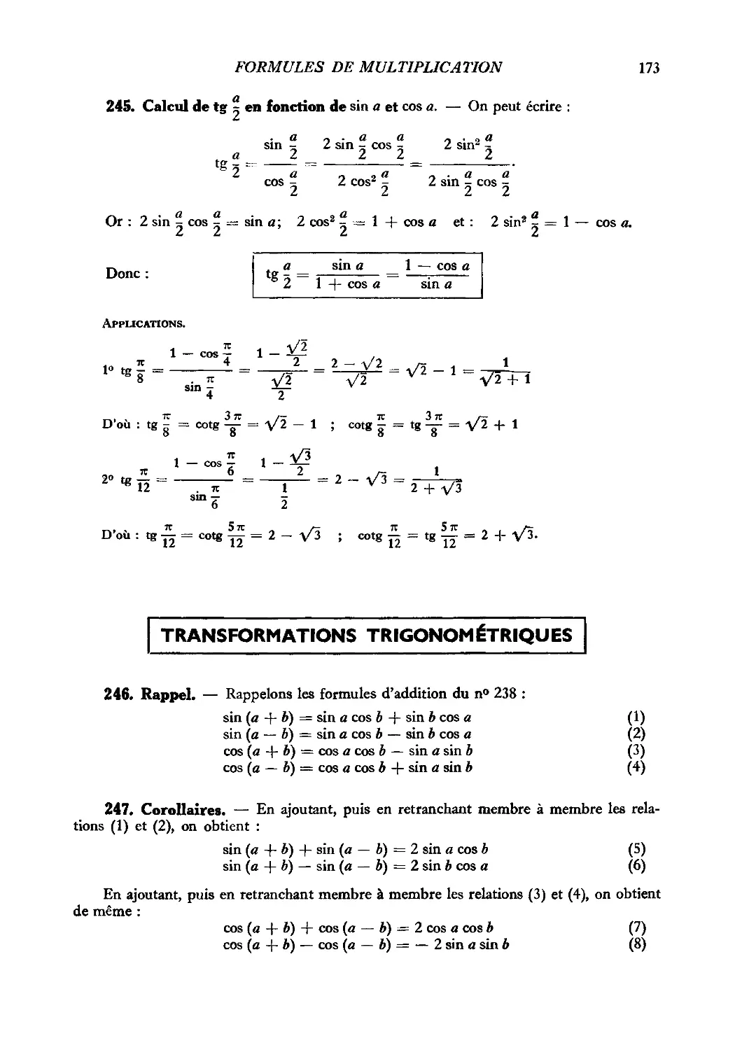 Transformations trigonométriques
247. Corollaires