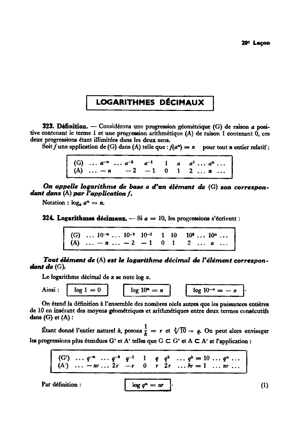 Leçon 20 — Logarithmes décimaux — Usage des tables — Calculs logarithmiques
324. Logarithmes décimaux
