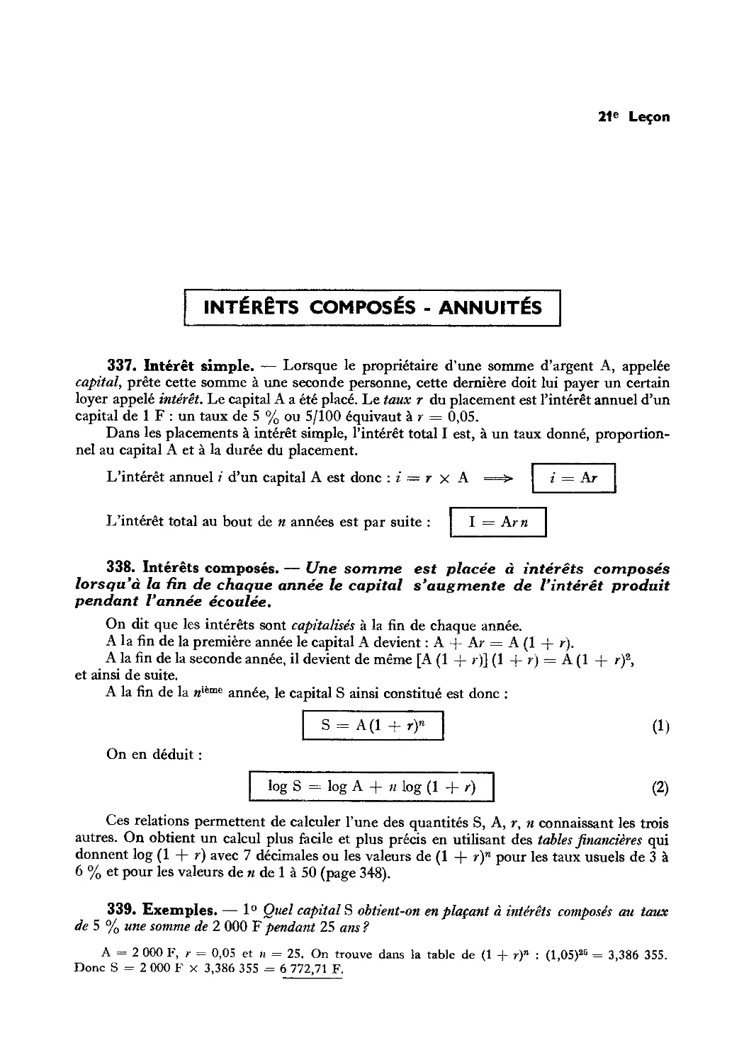 Leçon 21 — Intérêts composés — Annuités — Échelles logarithmiques
338. Intérêts composés
339. Exemples