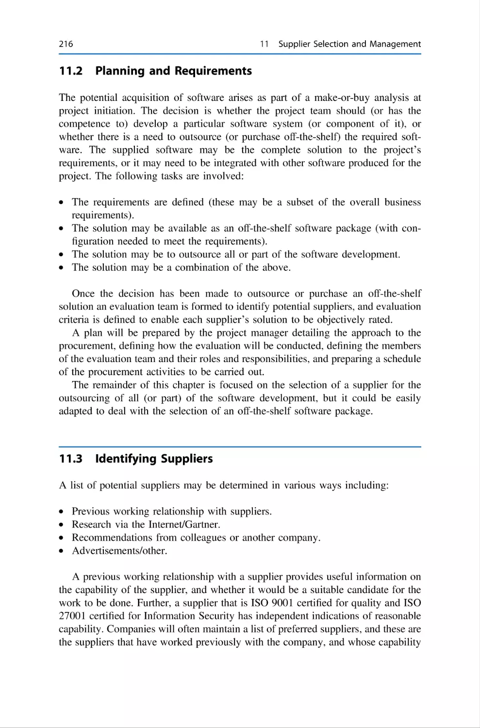 11.2 Planning and Requirements
11.3 Identifying Suppliers