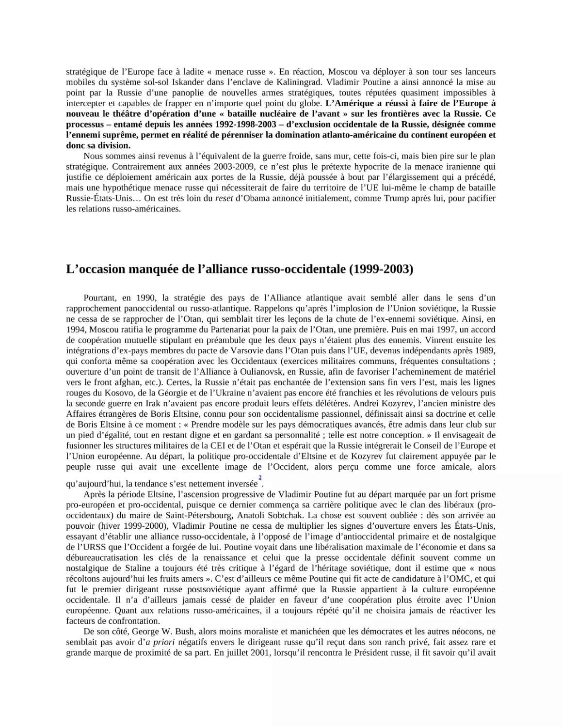 L’occasion manquée de l’alliance russo-occidentale (1999-2003)