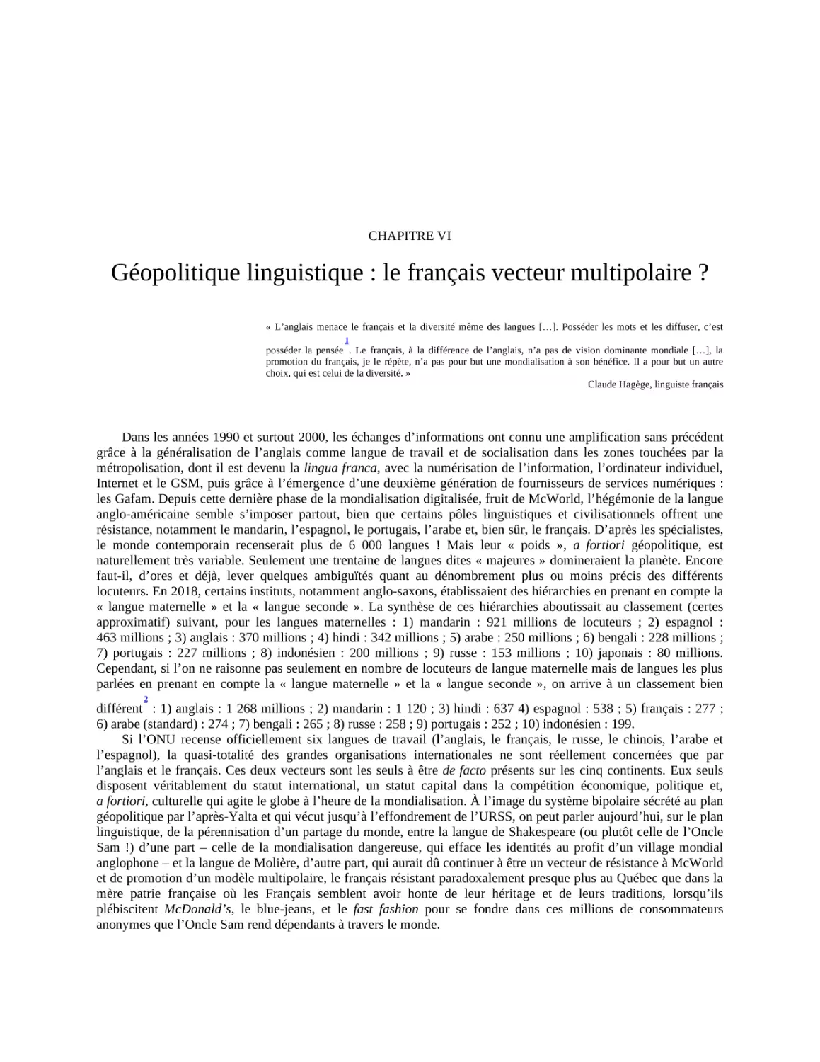 Chapitre VI - Géopolitique linguistique 