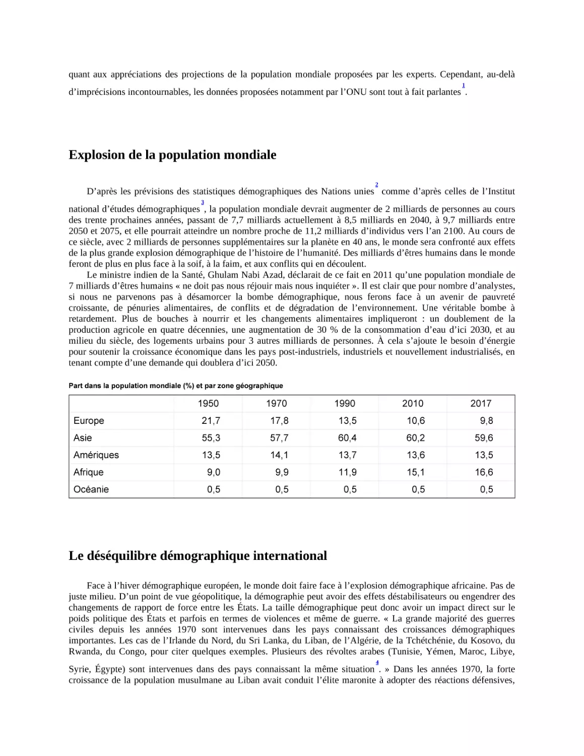 Explosion de la population mondiale
Le déséquilibre démographique international