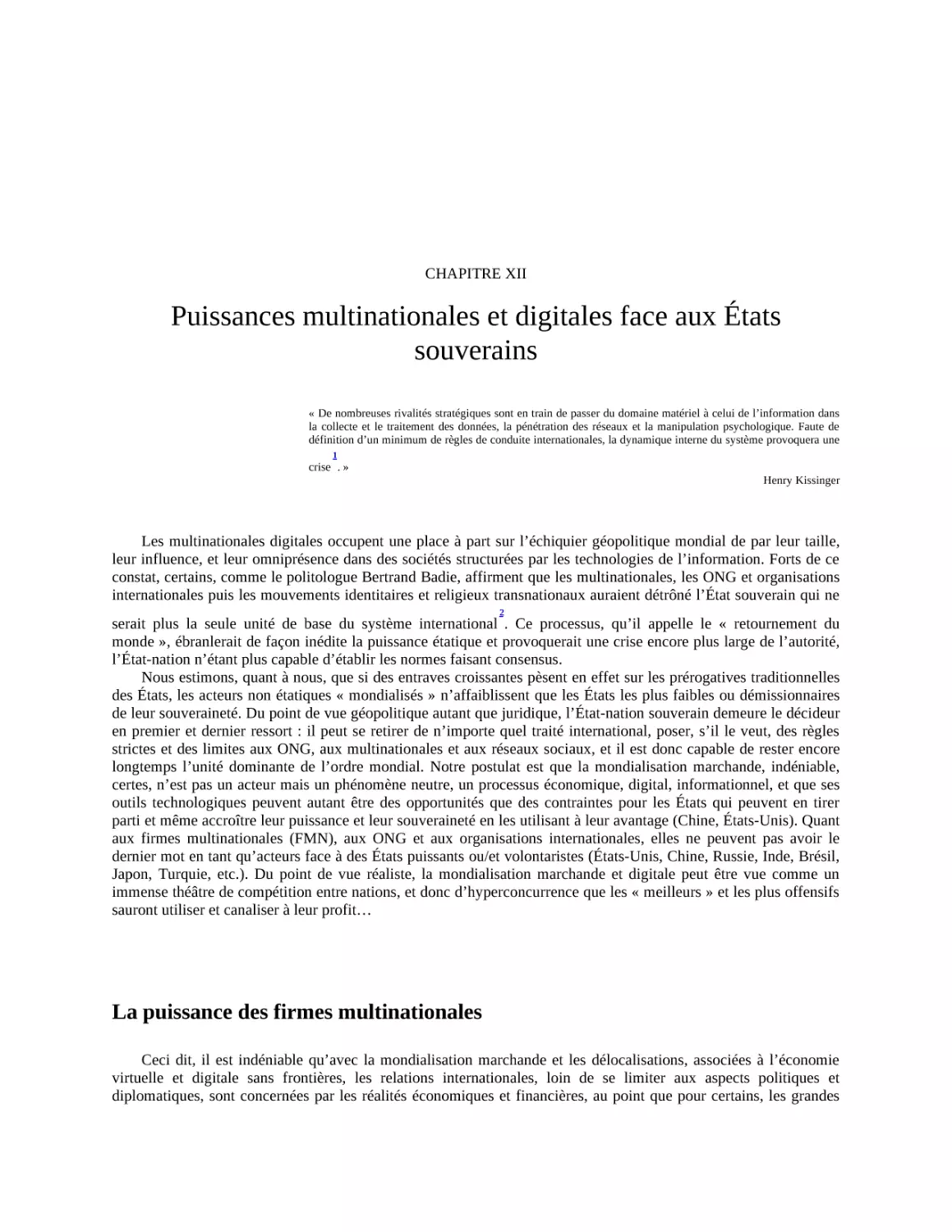 Chapitre XII - Puissances multinationales et digitales face aux États souverains
La puissance des firmes multinationales