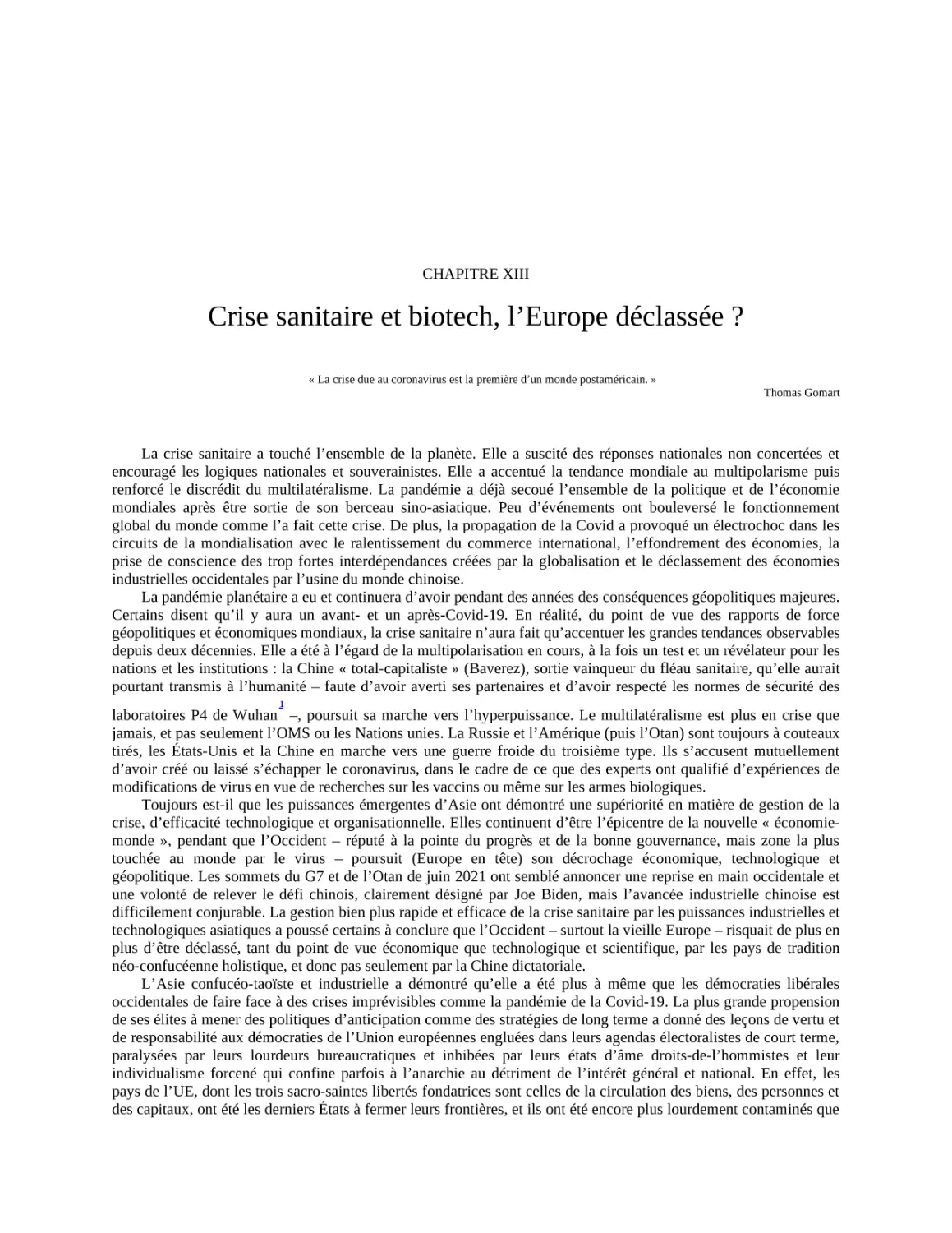 Chapitre XIII - Crise sanitaire et biotech, l’Europe déclassée ?