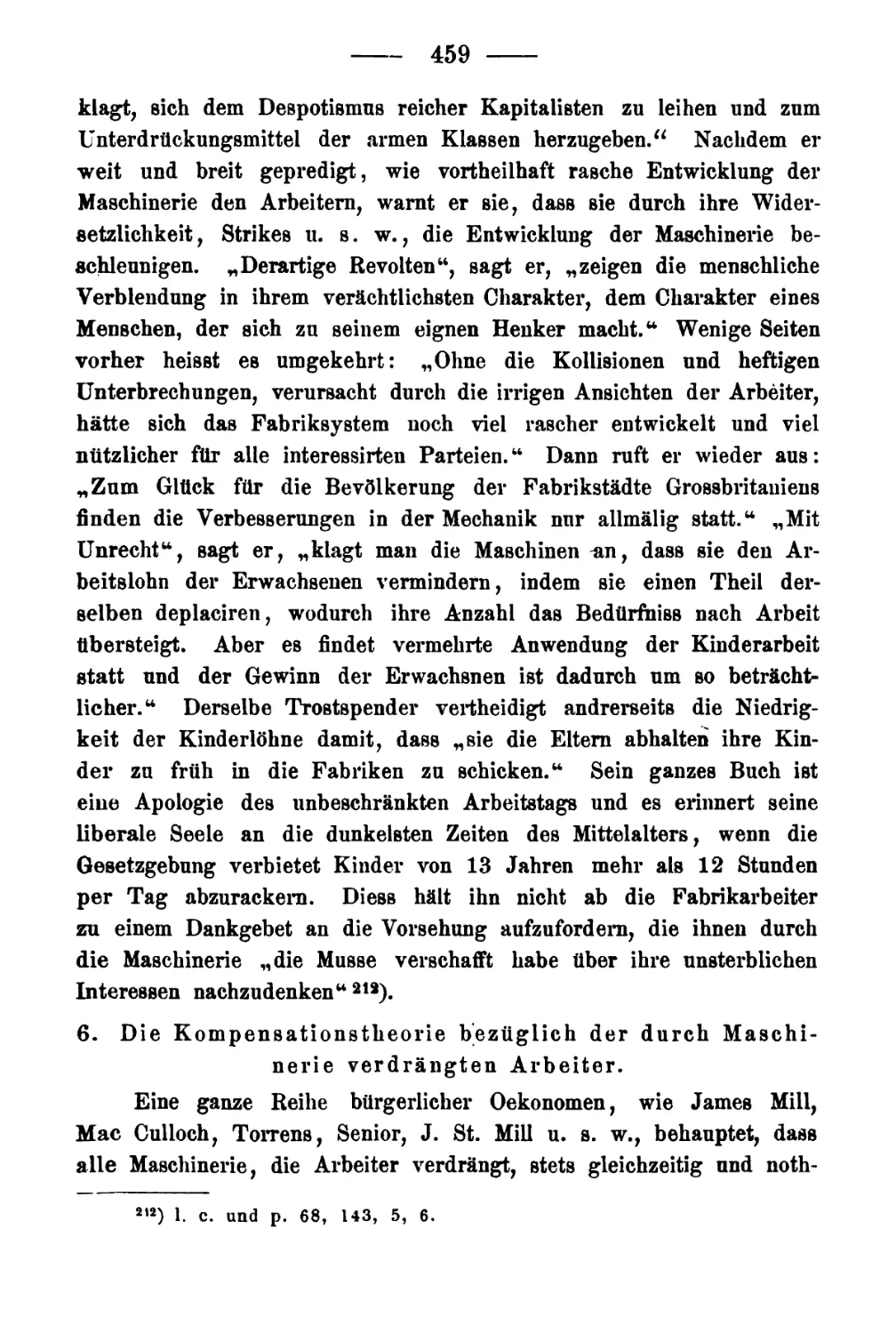 6. Die Kompensationstheorie bezüglich der durch Maschinerie verdrängten Arbeiter