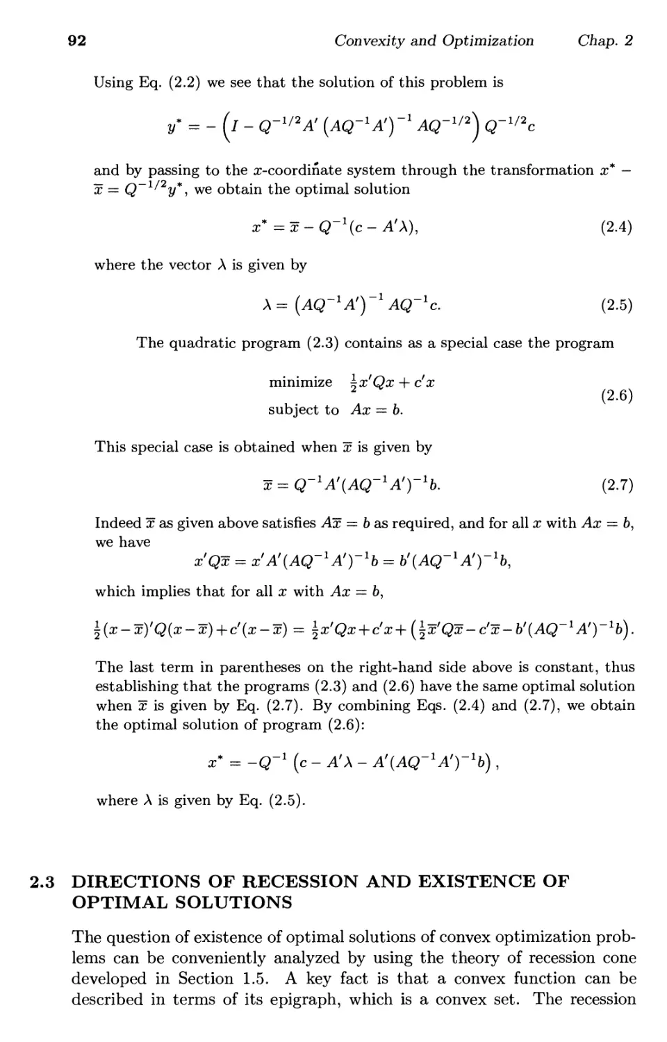 2.3. Directions of Recession and Existence of Optimal Solutions  92