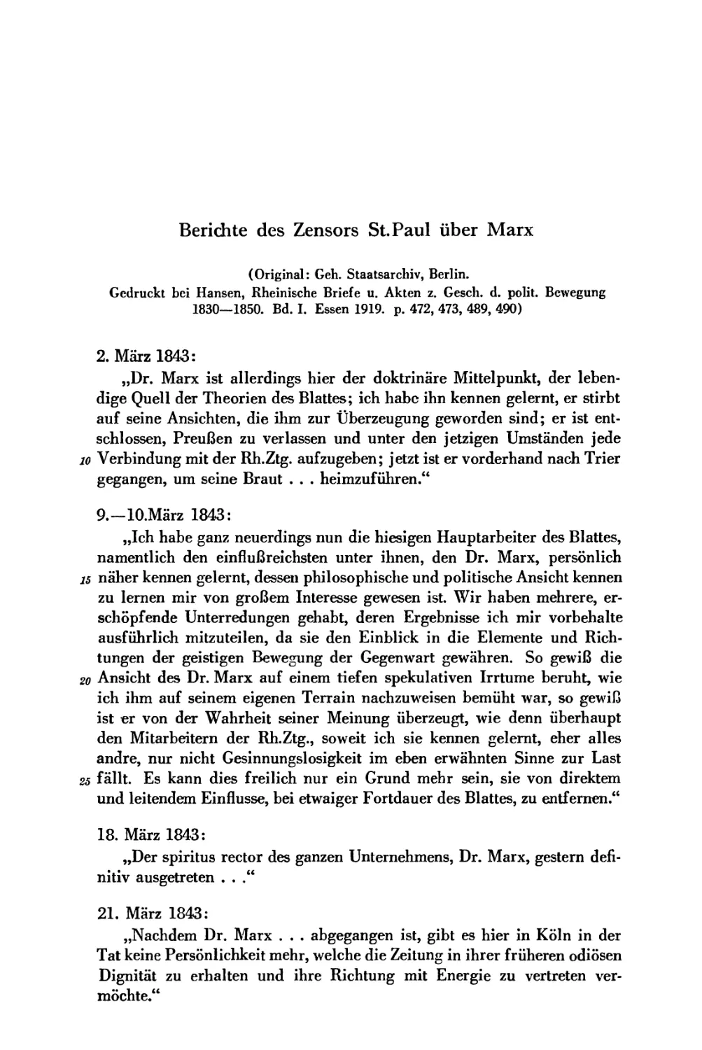 II. Berichte des Zensors St. Paul über Marx